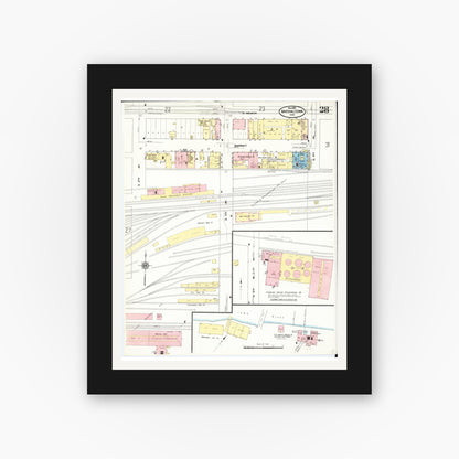 Old map wall art mockup — black gallery frame with white mat — Sanborn Fire Insurance Map from Marshalltown, Marshall County, Iowa (1910), Sheet #0028