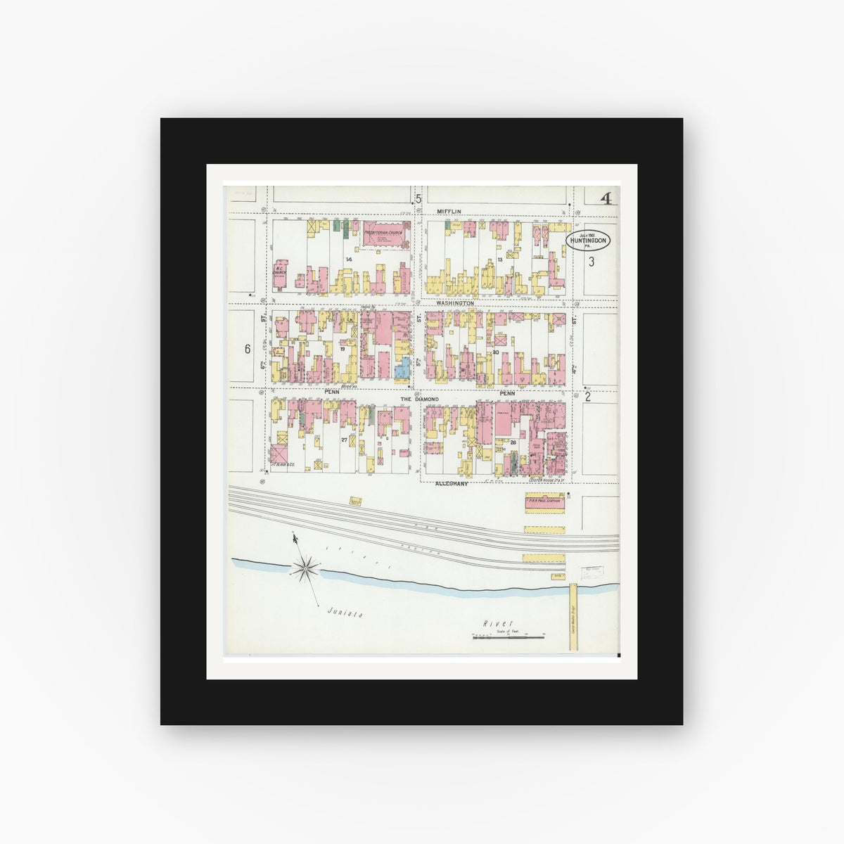 Old map wall art mockup — black gallery frame with white mat — Sanborn Fire Insurance Map from Huntingdon, Huntingdon County, Pennsylvania (1901), Sheet #0004