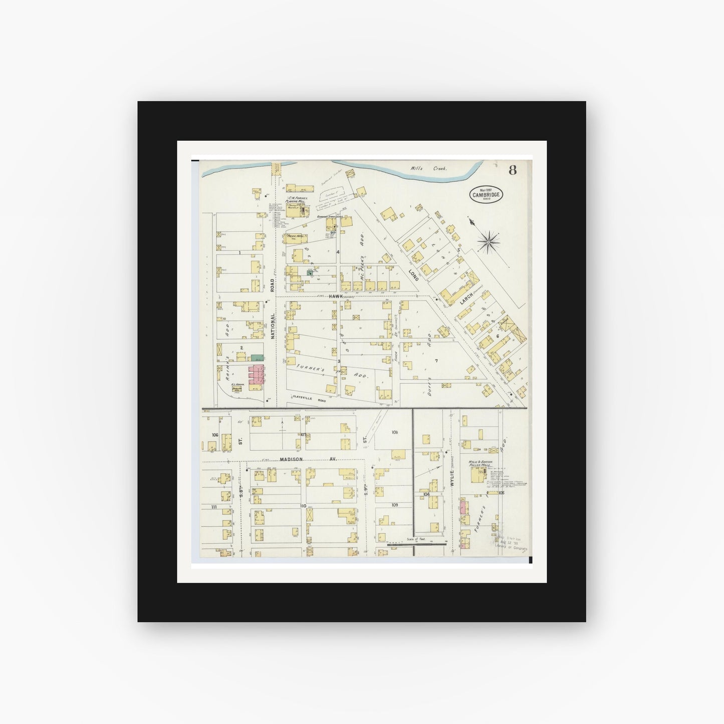 Old map wall art mockup — black gallery frame with white mat — Sanborn Fire Insurance Map from Cambridge, Guernsey County, Ohio (1897), Sheet #0008