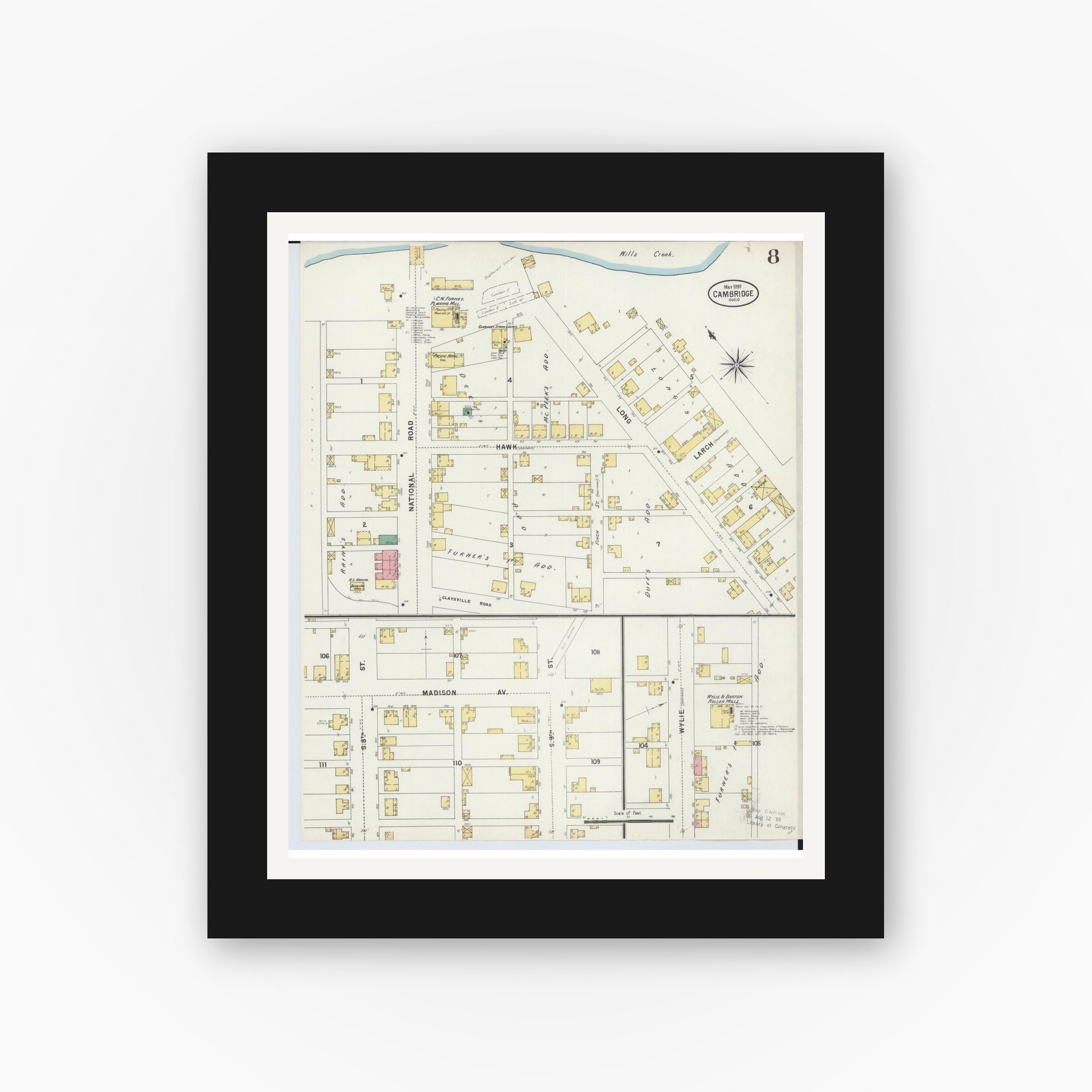 Old map wall art mockup — black gallery frame with white mat — Sanborn Fire Insurance Map from Cambridge, Guernsey County, Ohio (1897), Sheet #0008