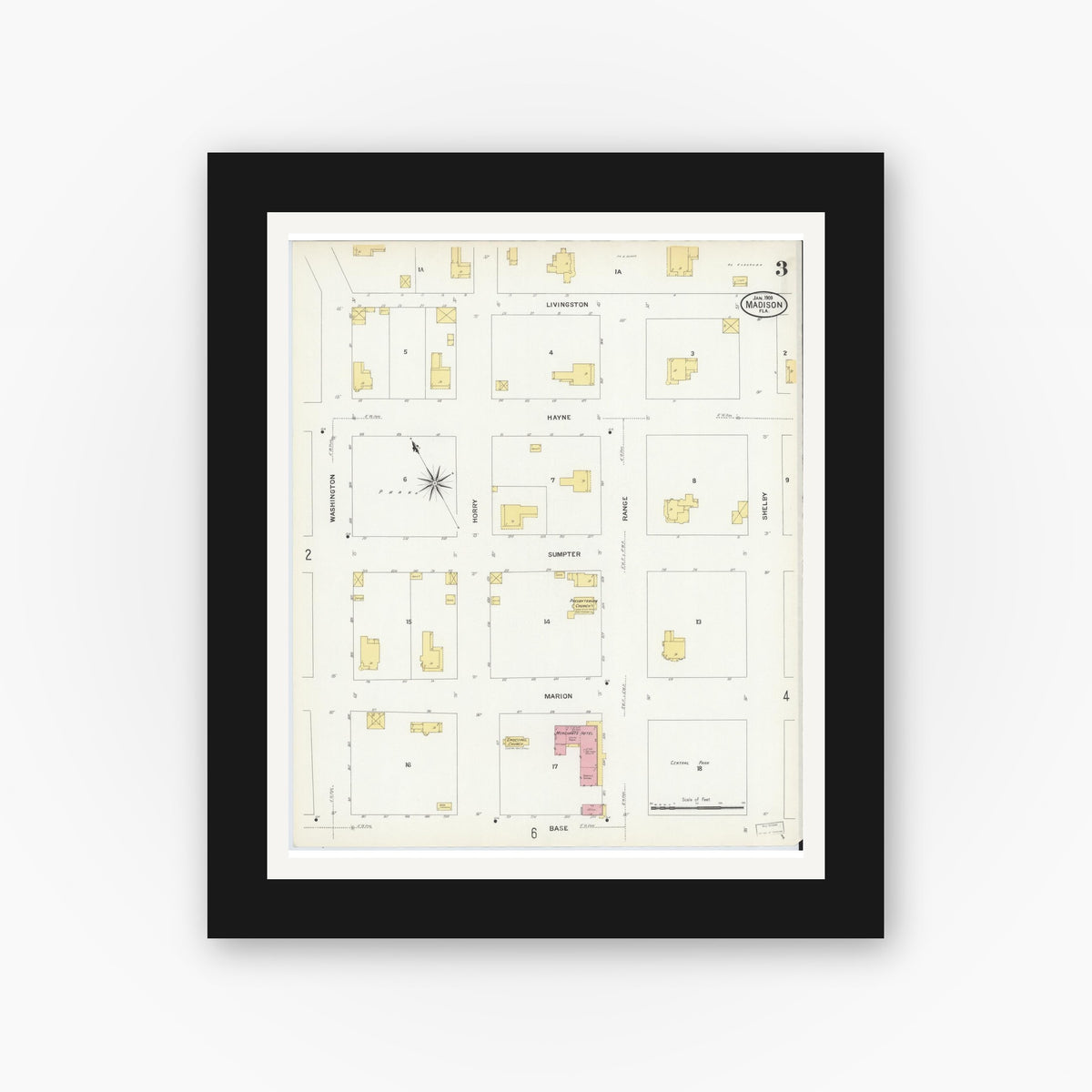 Old map wall art mockup — black gallery frame with white mat — Sanborn Fire Insurance Map from Madison, Madison County, Florida (1909), Sheet #0003
