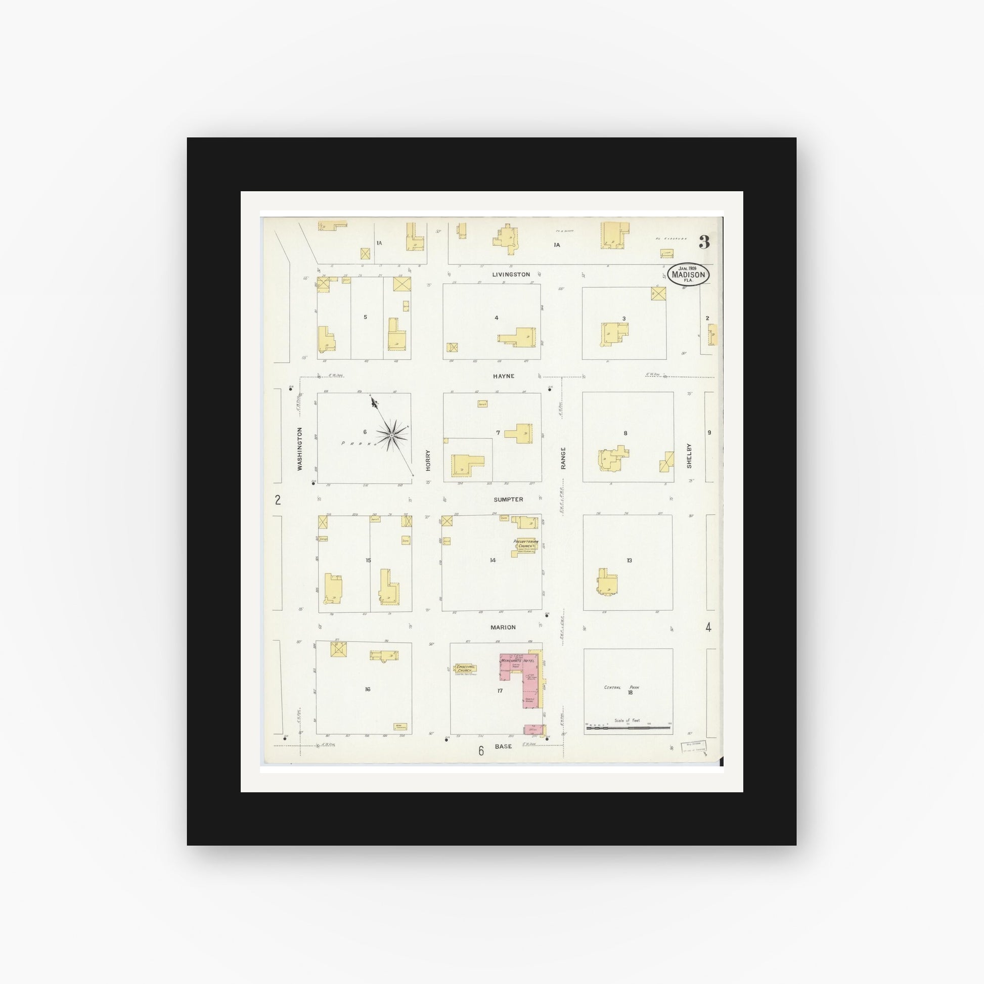Old map wall art mockup — black gallery frame with white mat — Sanborn Fire Insurance Map from Madison, Madison County, Florida (1909), Sheet #0003