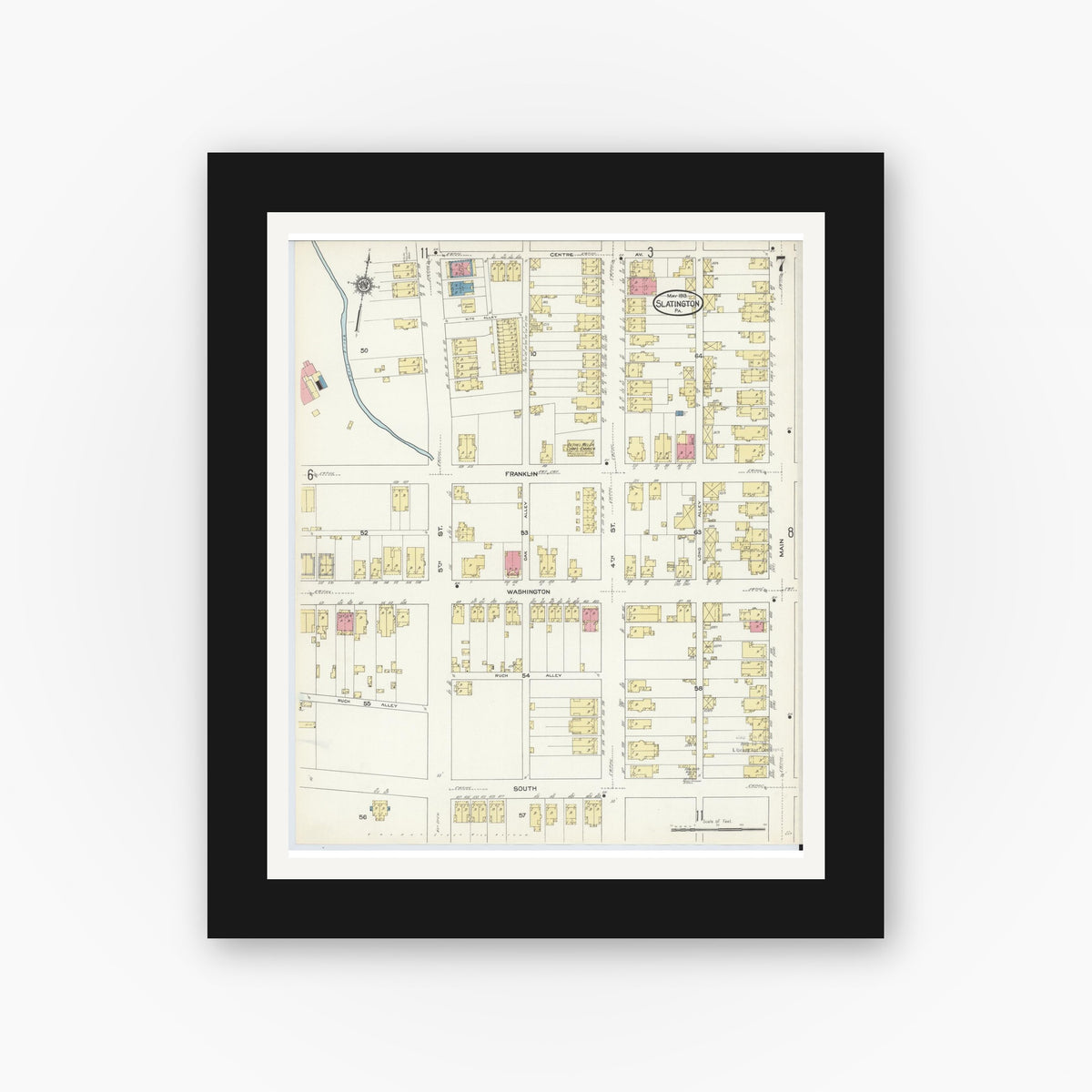 Old map wall art mockup — black gallery frame with white mat — Sanborn Fire Insurance Map from Slatington, Lehigh County, Pennsylvania (1913), Sheet #0007