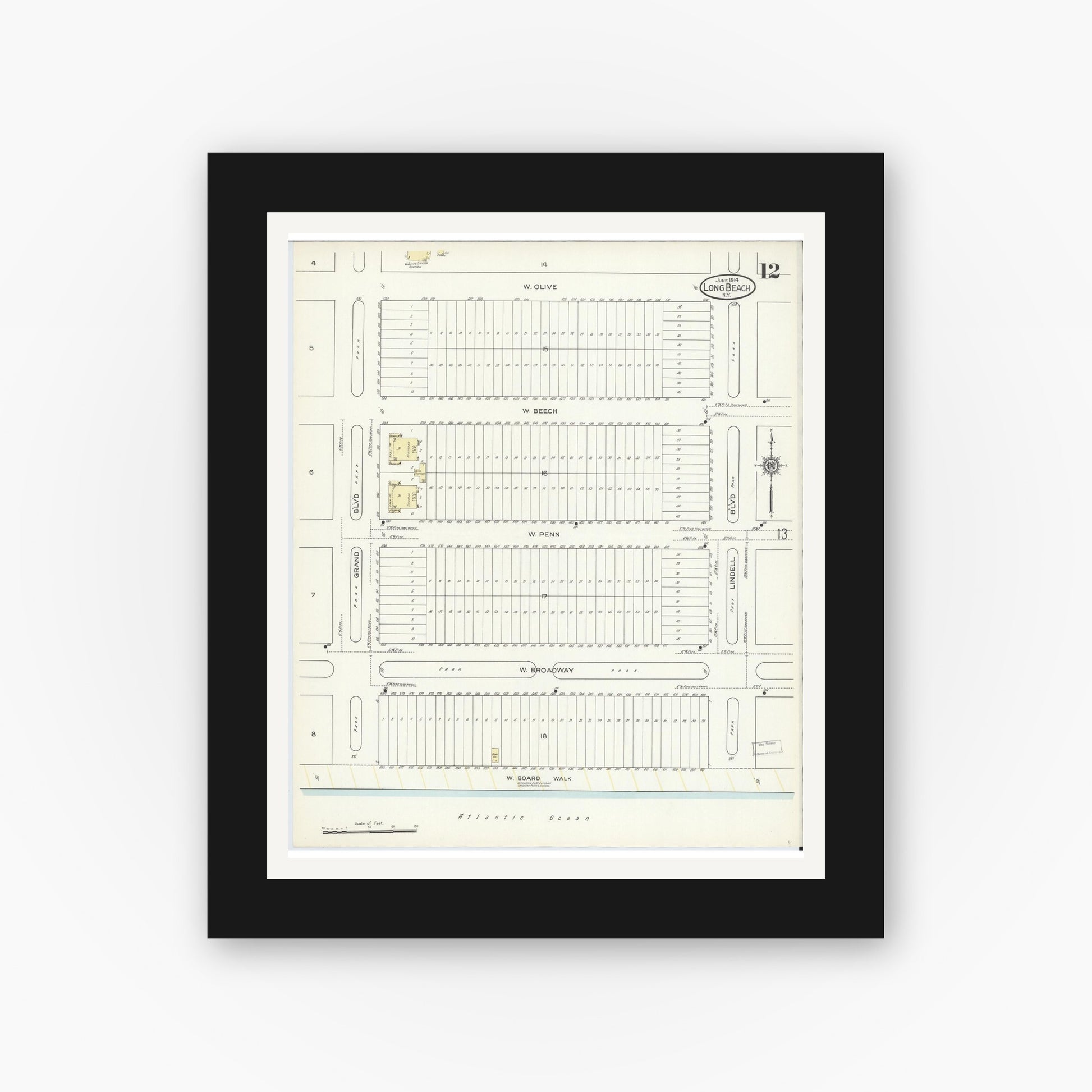 Old map wall art mockup — black gallery frame with white mat — Sanborn Fire Insurance Map from Long Beach, Nassau County, New York (1914), Sheet #0012