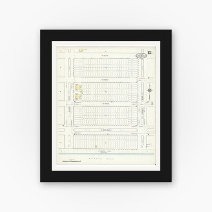 Old map wall art mockup — black gallery frame with white mat — Sanborn Fire Insurance Map from Long Beach, Nassau County, New York (1914), Sheet #0012