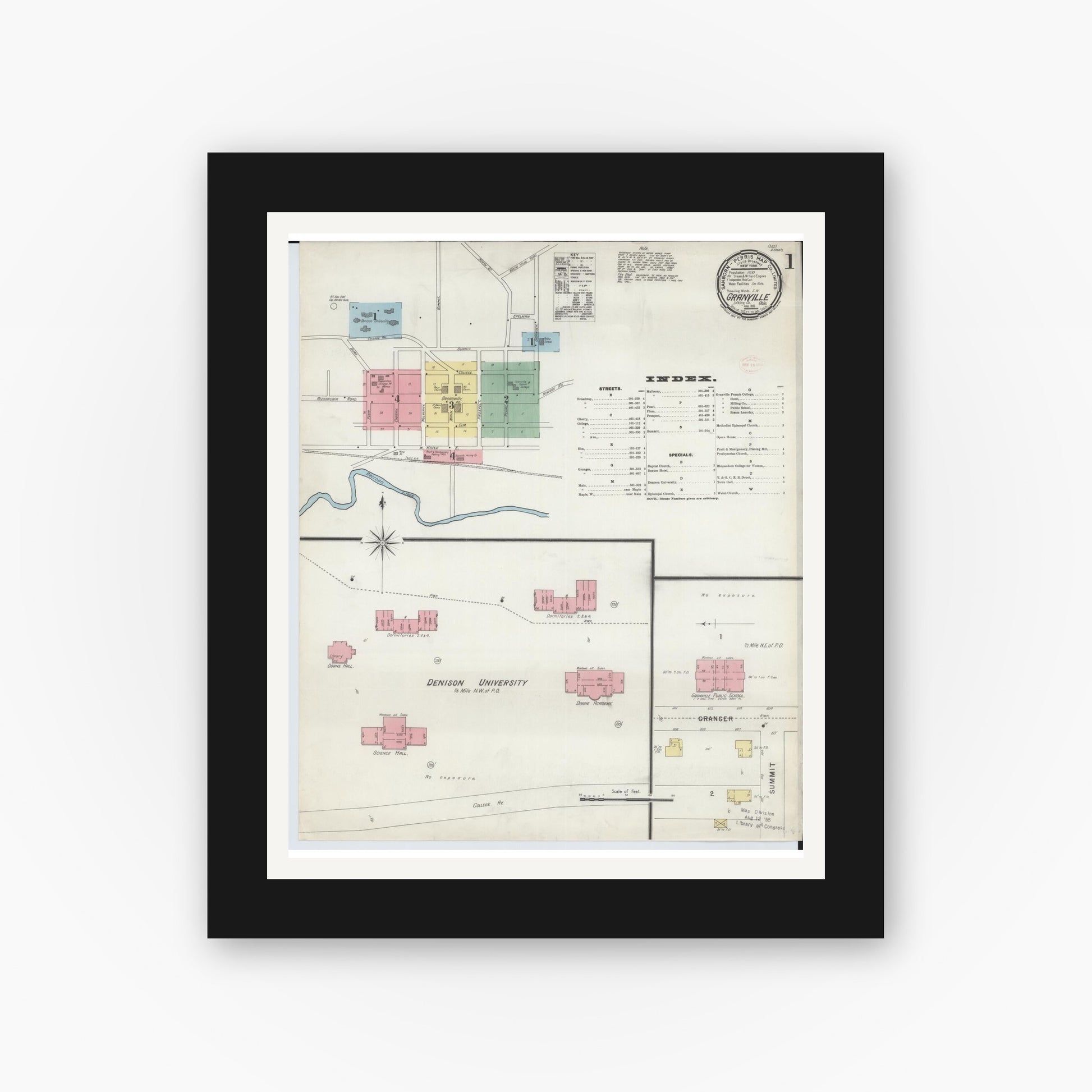 Old map wall art mockup — black gallery frame with white mat — Sanborn Fire Insurance Map from Granville, Licking County, Ohio (1896) - Complete Map Set