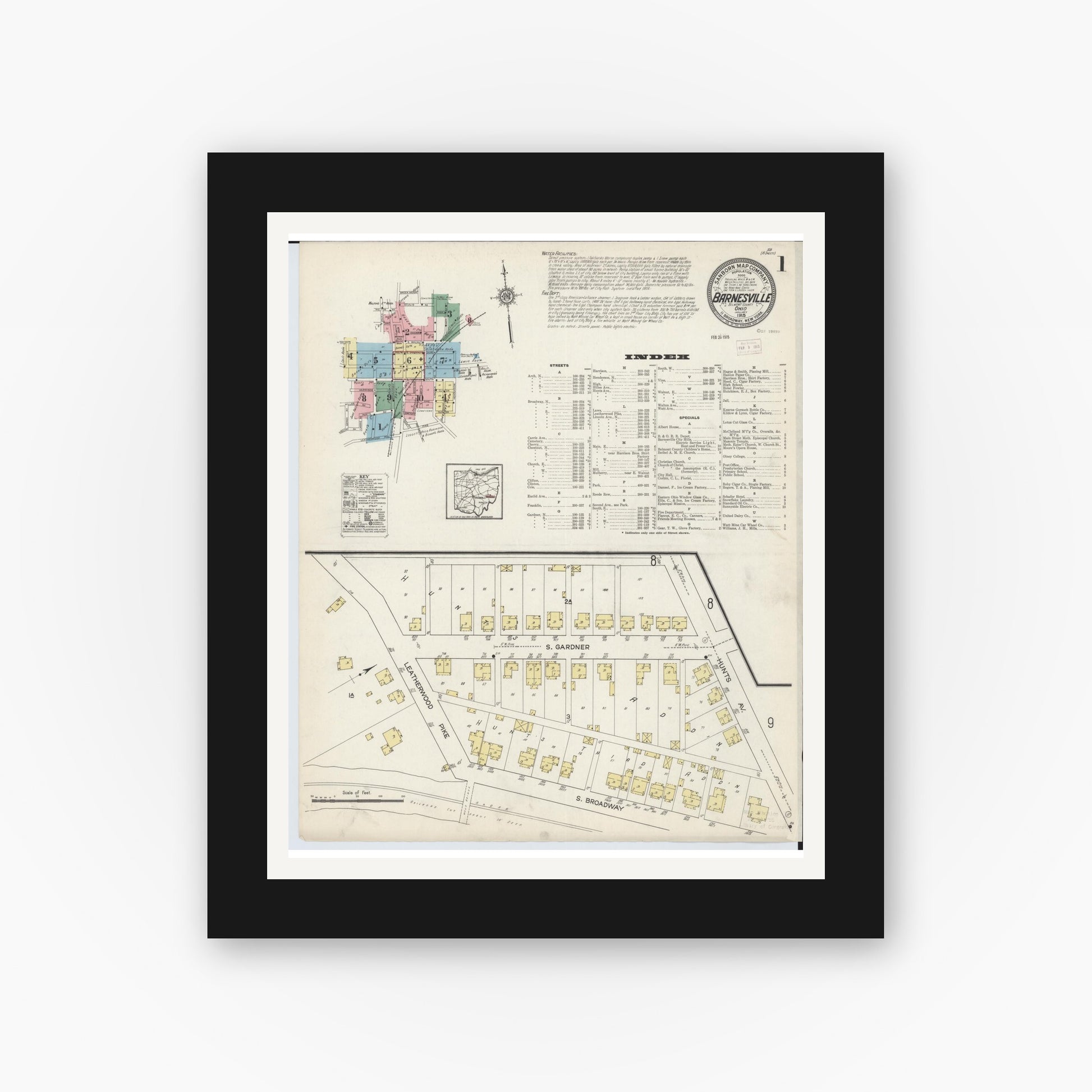 Old map wall art mockup — black gallery frame with white mat — Sanborn Fire Insurance Map from Barnesville, Belmont County, Ohio (1915), Sheet #0001