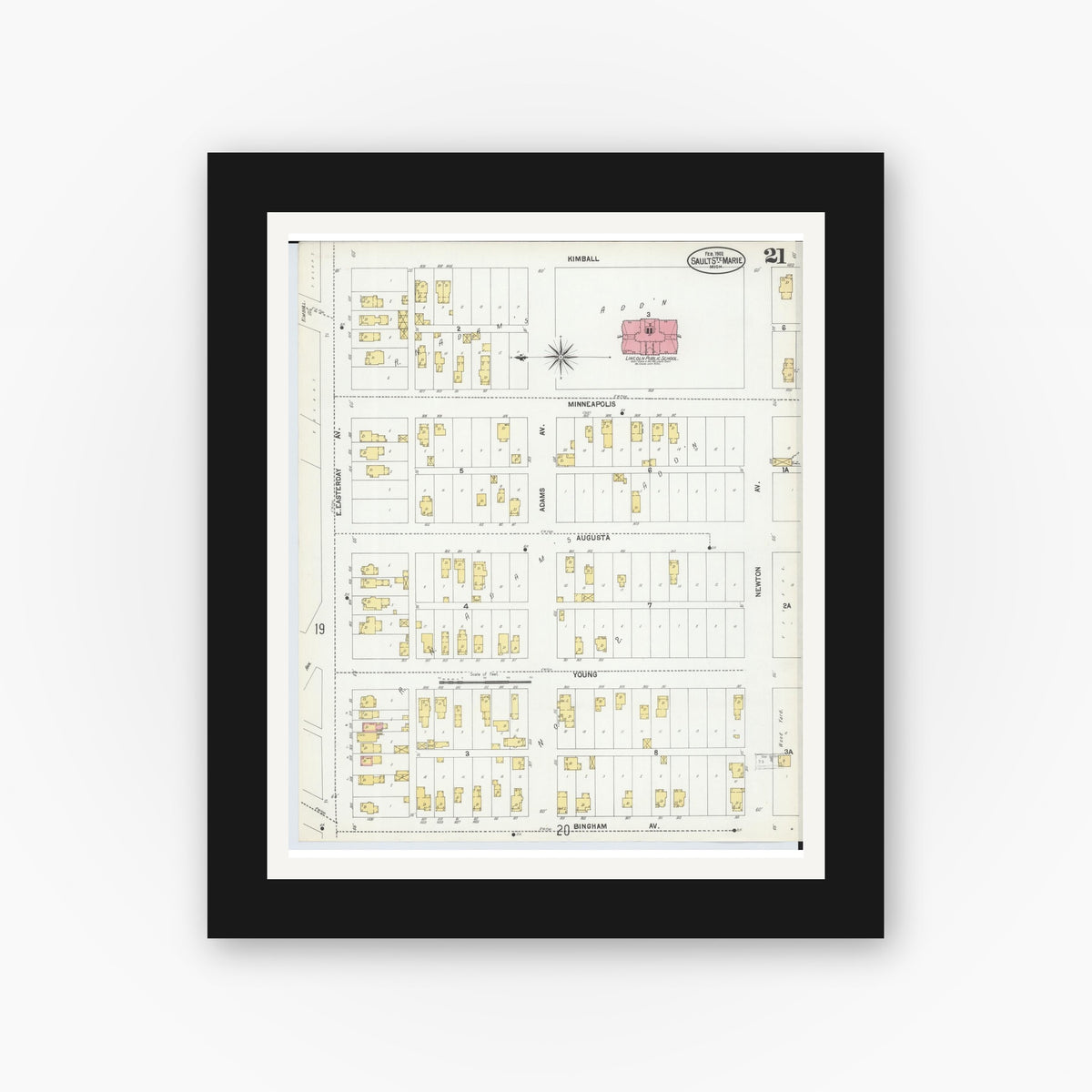 Old map wall art mockup — black gallery frame with white mat — Sanborn Fire Insurance Map from Sault Sainte Marie, Chippewa County, Michigan (1902), Sheet #0021