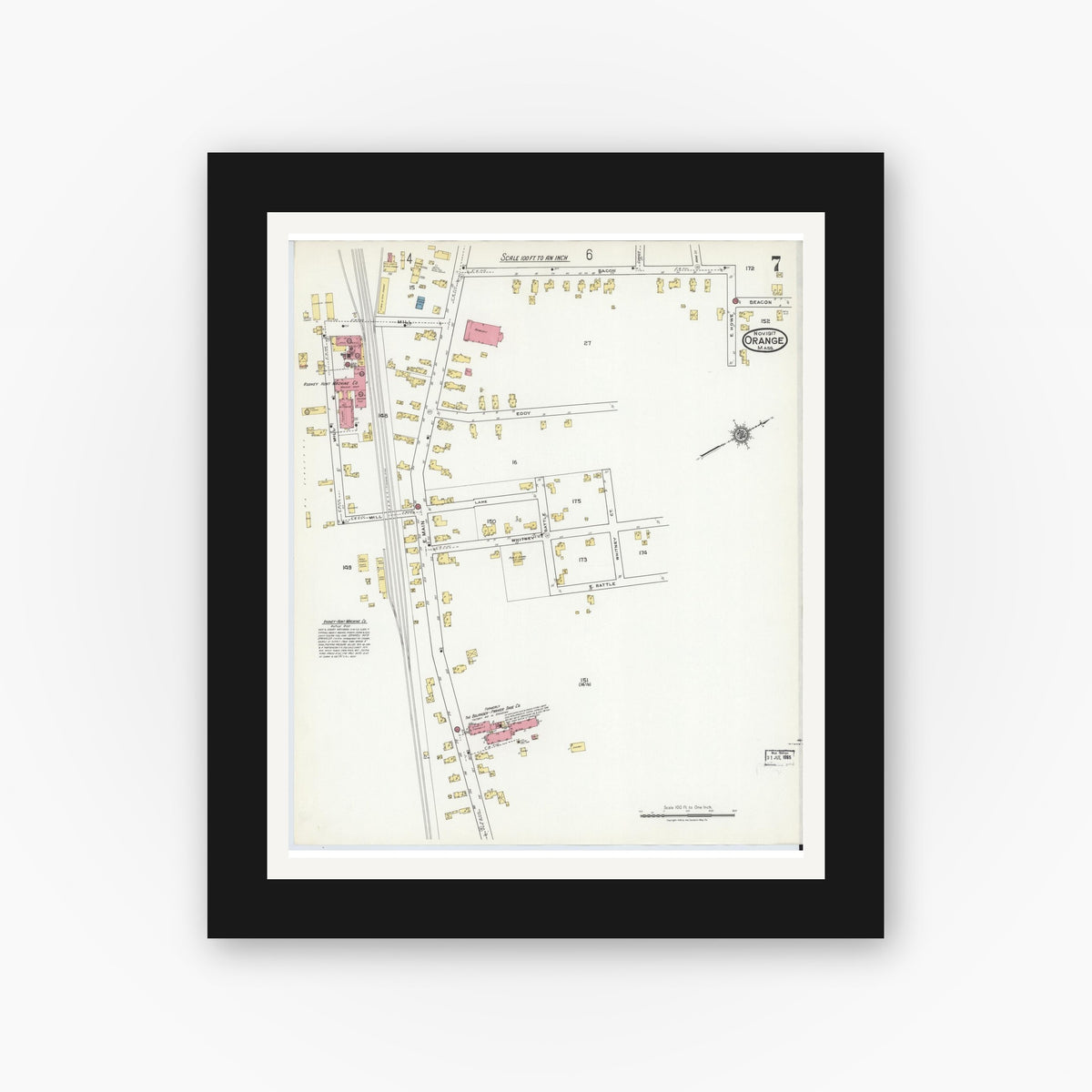 Old map wall art mockup — black gallery frame with white mat — Sanborn Fire Insurance Map from Orange, Franklin County, Massachusetts (1917), Sheet #0007