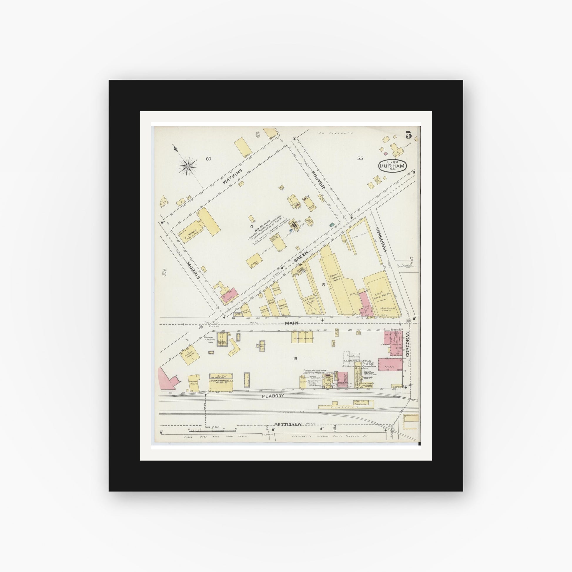 Old map wall art mockup — black gallery frame with white mat — Sanborn Fire Insurance Map from Durham, Durham County, North Carolina (1893), Sheet #0005