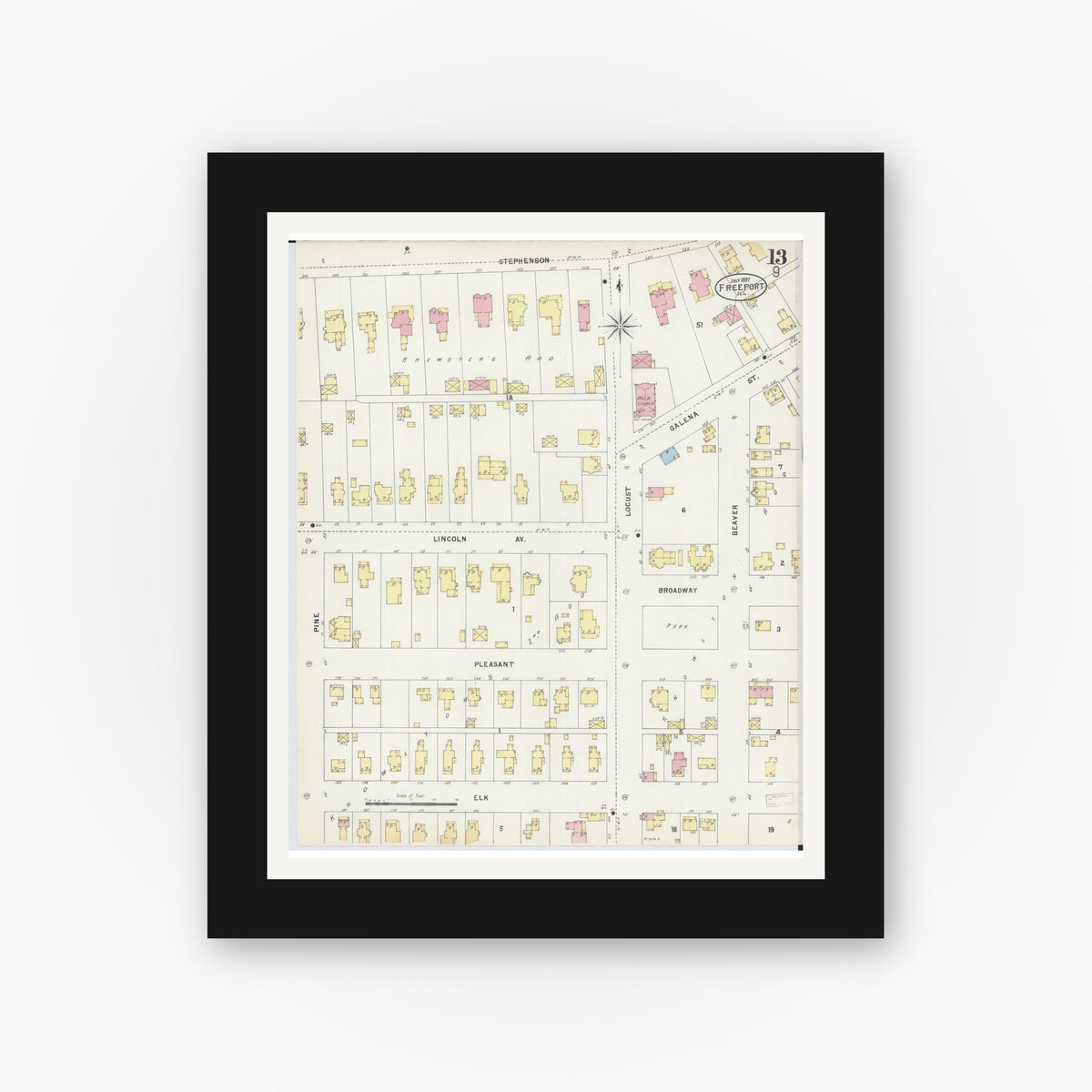 Old map wall art mockup — black gallery frame with white mat — Sanborn Fire Insurance Map from Freeport, Stephenson County, Illinois (1897), Sheet #0013