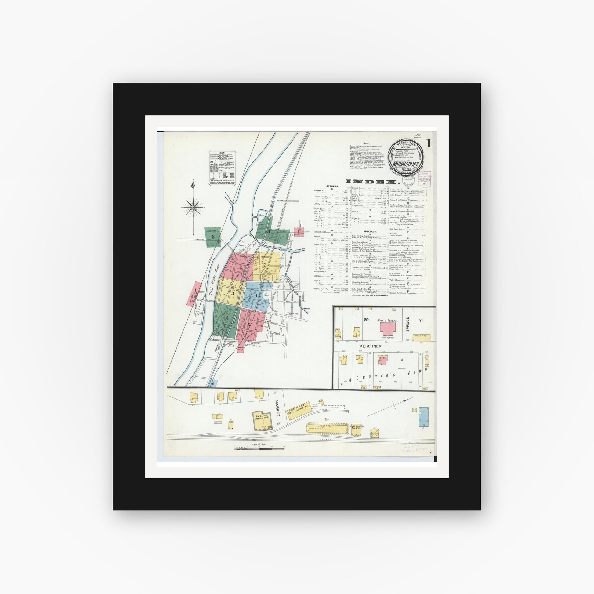 Old map wall art mockup — black gallery frame with white mat — Sanborn Fire Insurance Map from Miamisburg, Montgomery County, Ohio (1901) - Complete Map Set