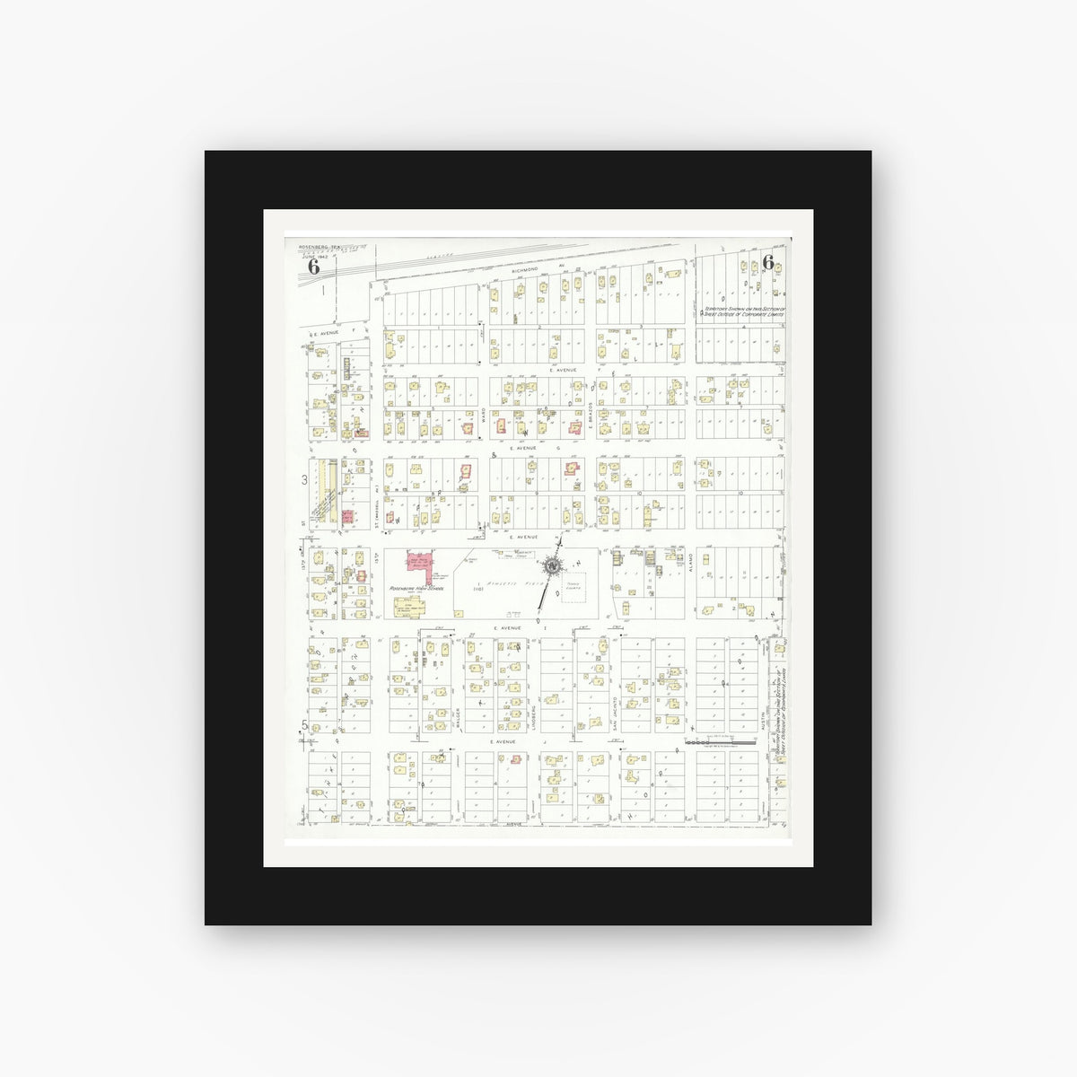 Old map wall art mockup — black gallery frame with white mat — Sanborn Fire Insurance Map from Rosenberg, Fort Bend County, Texas (1942), Sheet #0006