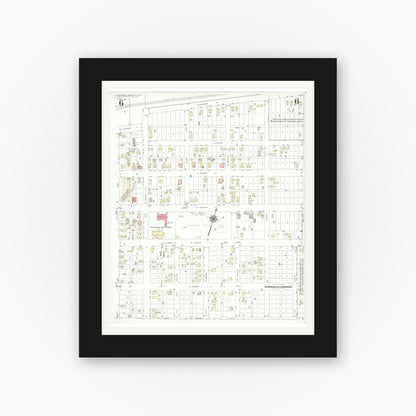 Old map wall art mockup — black gallery frame with white mat — Sanborn Fire Insurance Map from Rosenberg, Fort Bend County, Texas (1942), Sheet #0006