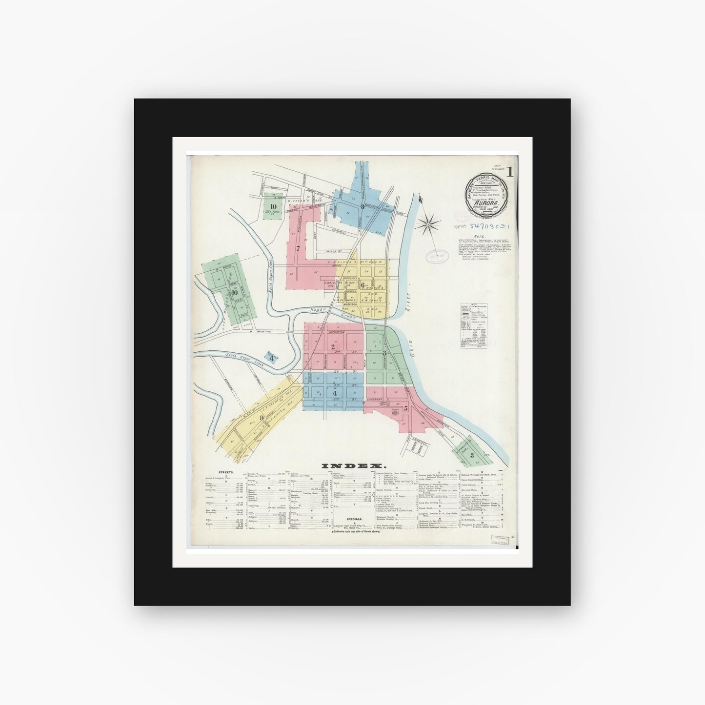 Old map wall art mockup — black gallery frame with white mat — Sanborn Fire Insurance Map from Aurora, Dearborn County, Indiana (1897), Sheet #0001