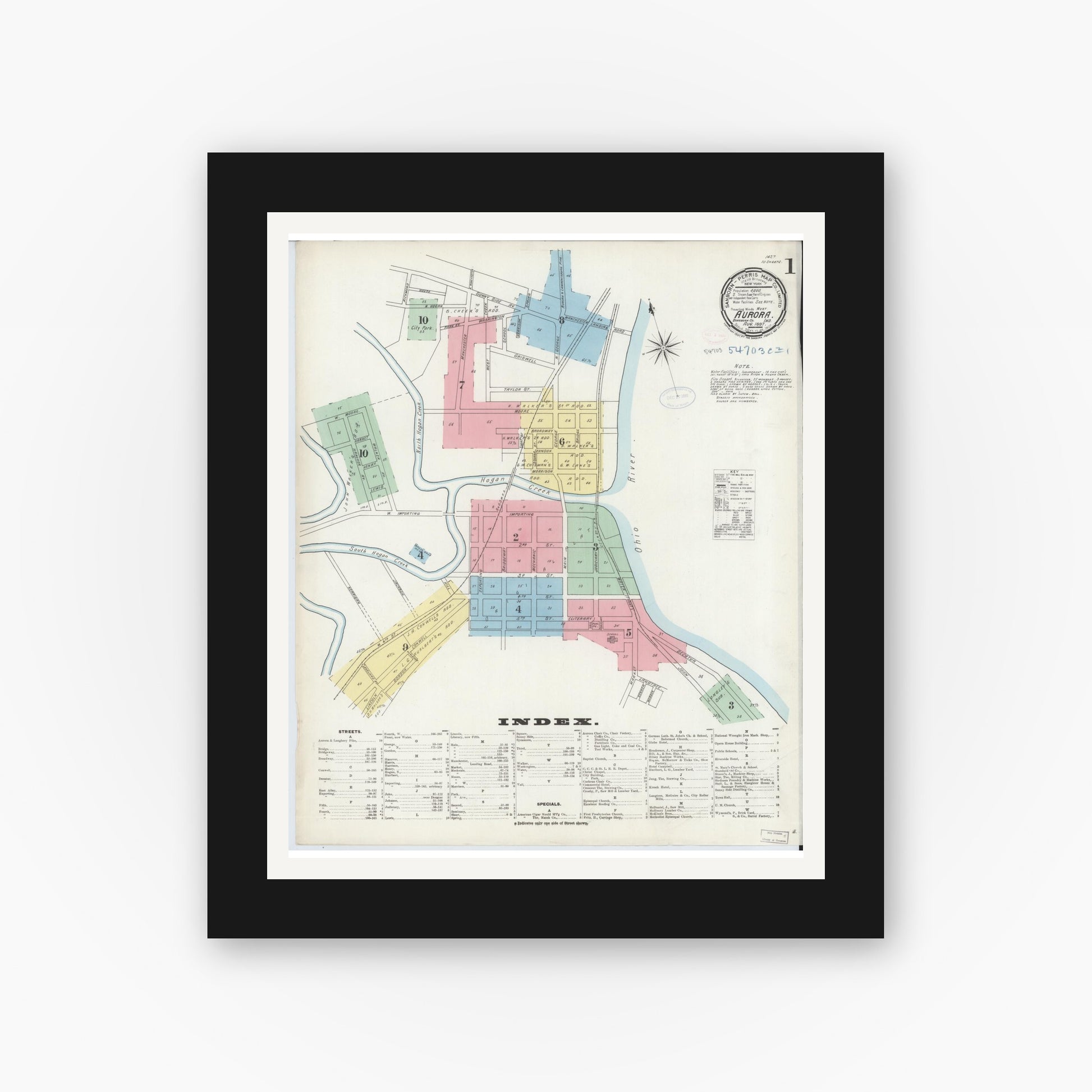 Old map wall art mockup — black gallery frame with white mat — Sanborn Fire Insurance Map from Aurora, Dearborn County, Indiana (1897), Sheet #0001