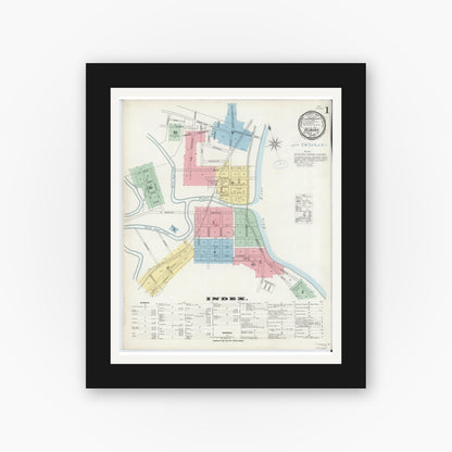 Old map wall art mockup — black gallery frame with white mat — Sanborn Fire Insurance Map from Aurora, Dearborn County, Indiana (1897), Sheet #0001