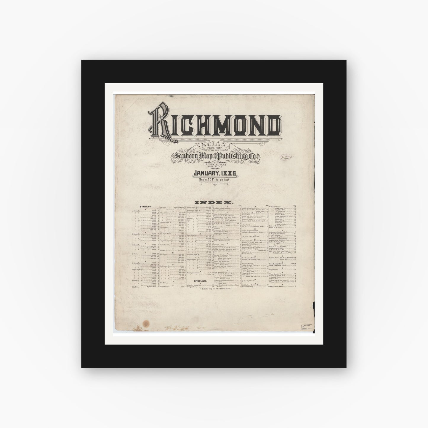 Old map wall art mockup — black gallery frame with white mat — Sanborn Fire Insurance Map from Richmond, Wayne County, Indiana (1886), Sheet #0001