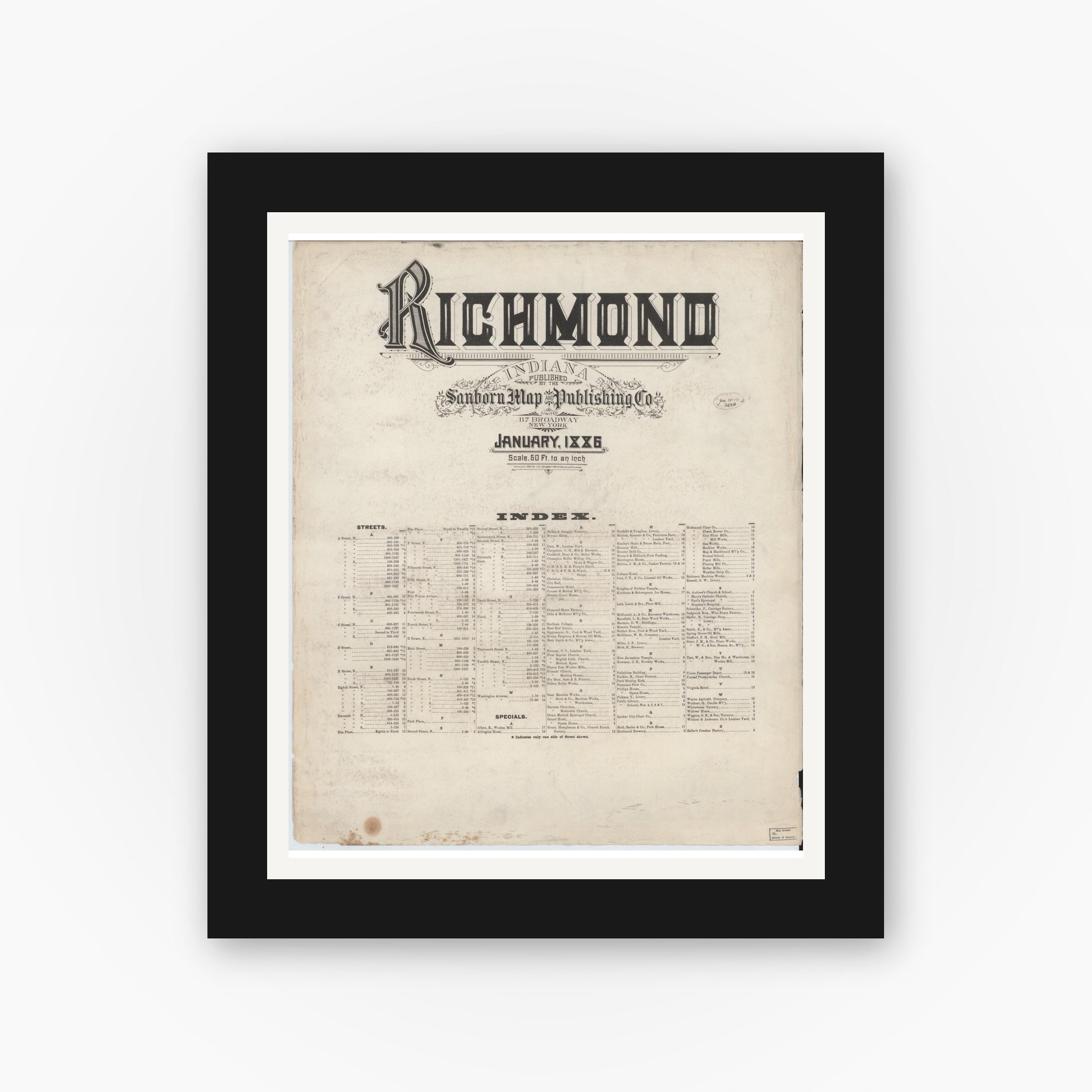 Old map wall art mockup — black gallery frame with white mat — Sanborn Fire Insurance Map from Richmond, Wayne County, Indiana (1886), Sheet #0001