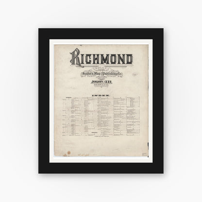 Old map wall art mockup — black gallery frame with white mat — Sanborn Fire Insurance Map from Richmond, Wayne County, Indiana (1886), Sheet #0001