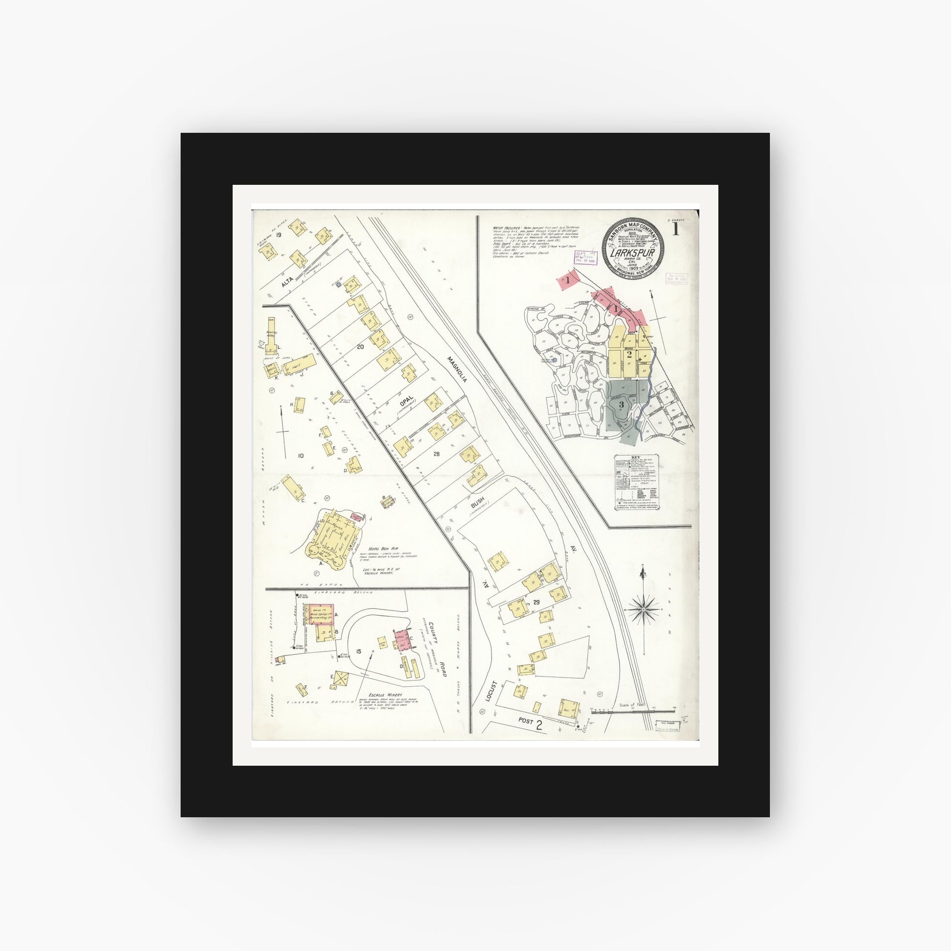 Old map wall art mockup — black gallery frame with white mat — Sanborn Fire Insurance Map from Larkspur, Marin County, California (1909), Sheet #0001