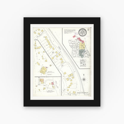Old map wall art mockup — black gallery frame with white mat — Sanborn Fire Insurance Map from Larkspur, Marin County, California (1909), Sheet #0001