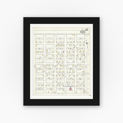 Old map wall art mockup — black gallery frame with white mat — Sanborn Fire Insurance Map from Quanah, Hardeman County, Texas (1921), Sheet #0014