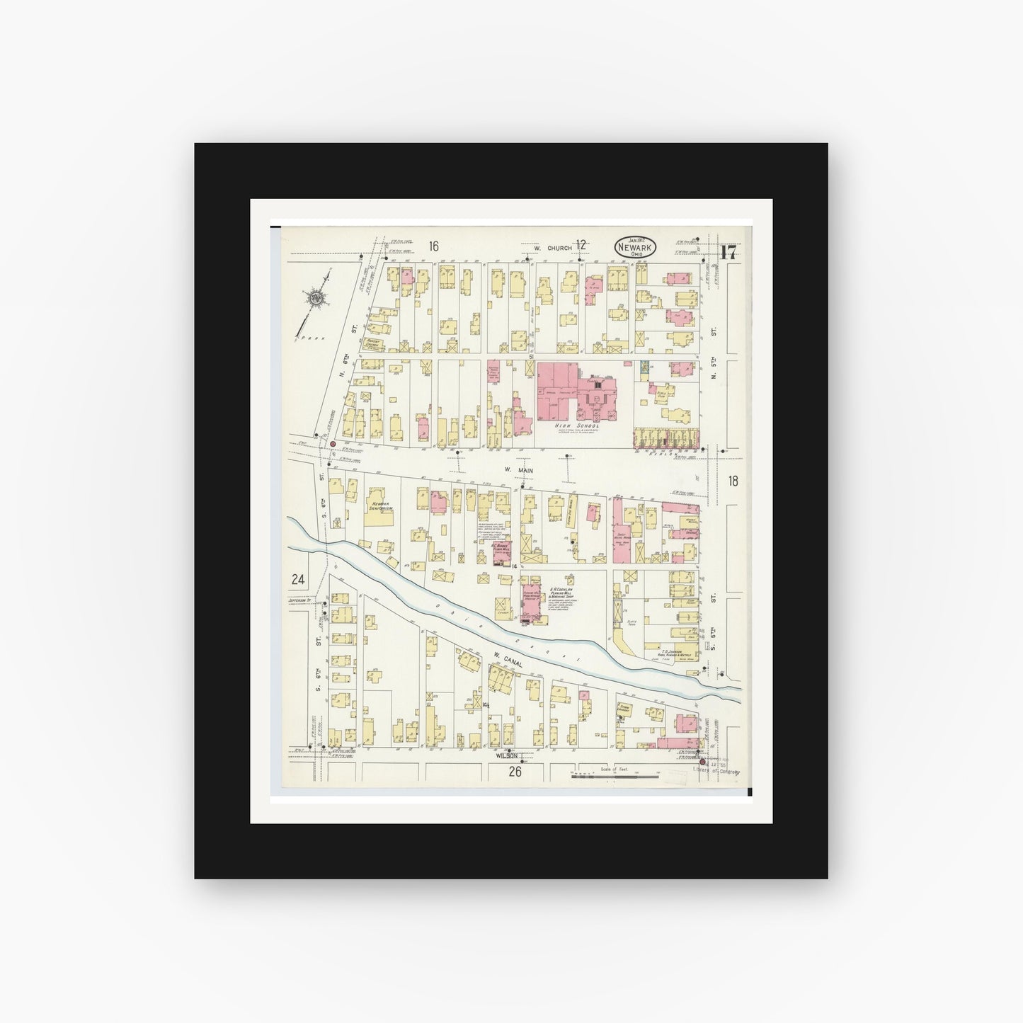 Old map wall art mockup — black gallery frame with white mat — Sanborn Fire Insurance Map from Newark, Licking County, Ohio (1912), Sheet #0017