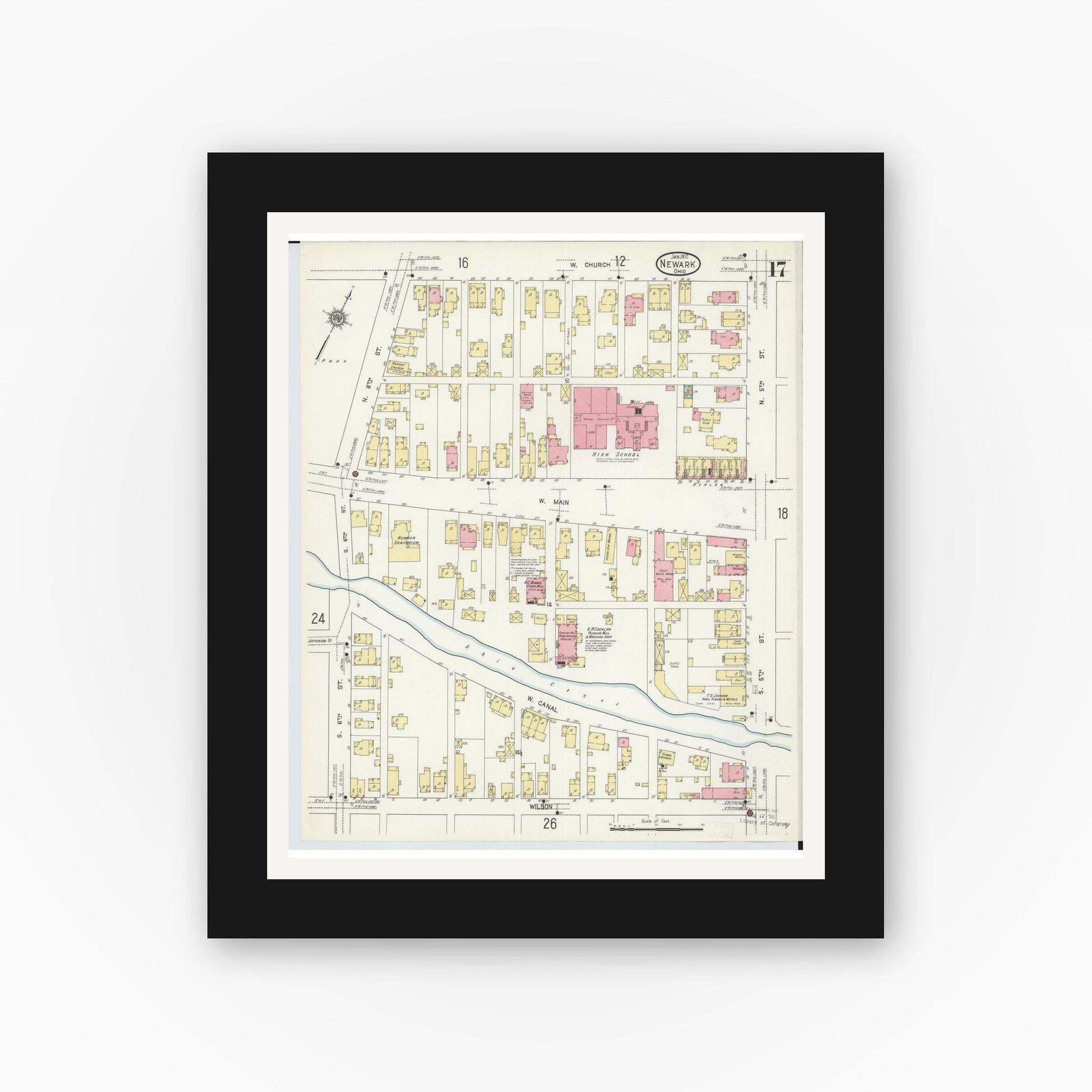 Old map wall art mockup — black gallery frame with white mat — Sanborn Fire Insurance Map from Newark, Licking County, Ohio (1912), Sheet #0017