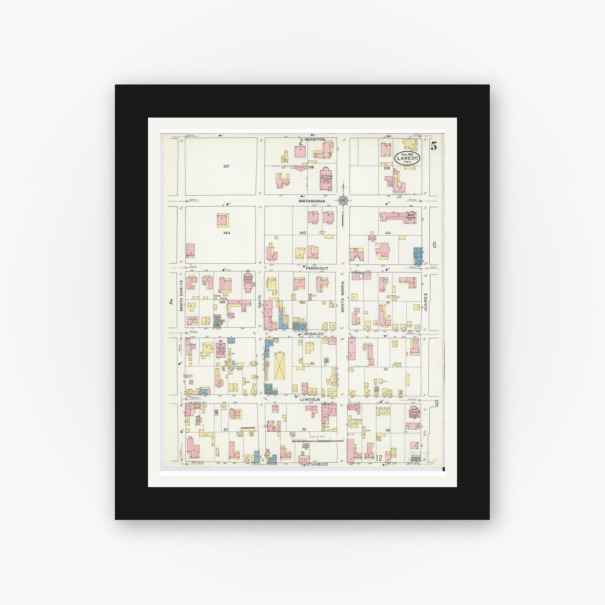 Old map wall art mockup — black gallery frame with white mat — Sanborn Fire Insurance Map from Laredo, Webb County, Texas (1909), Sheet #0005