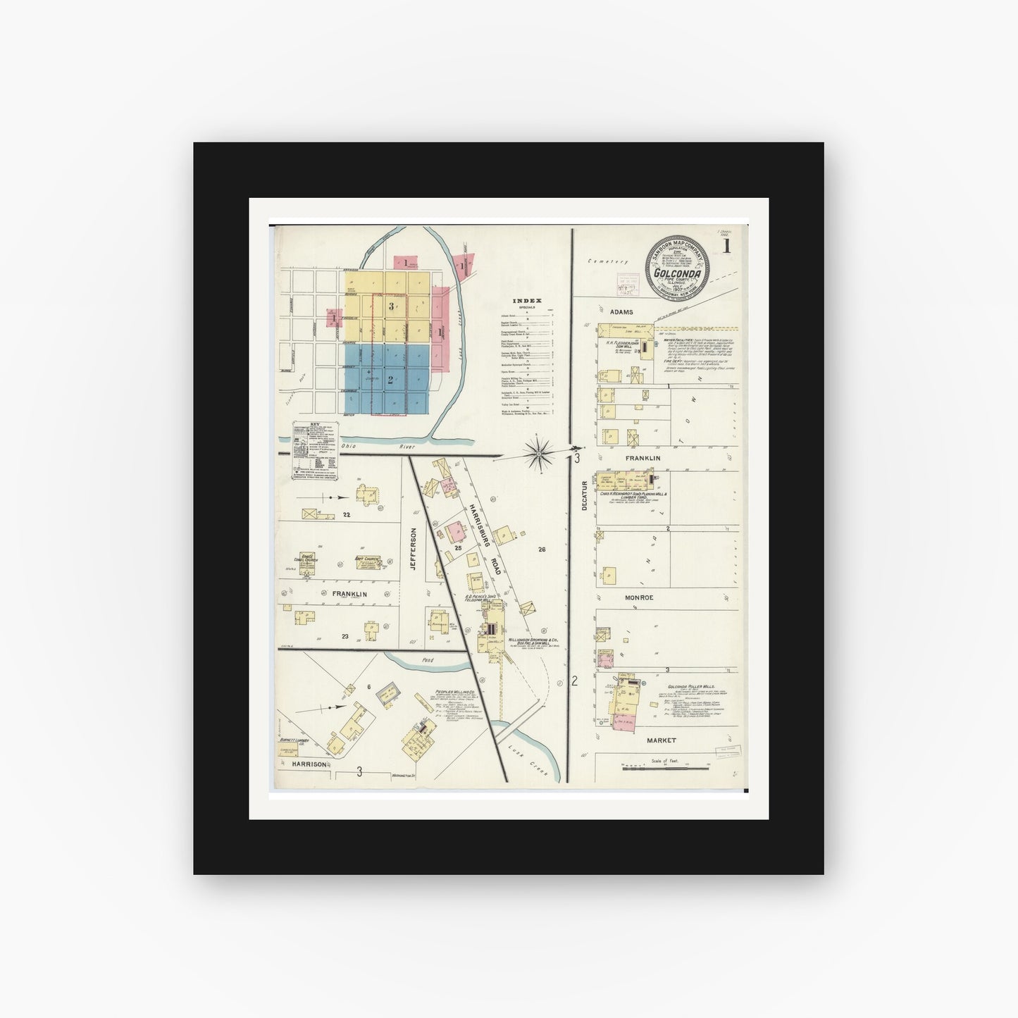 Old map wall art mockup — black gallery frame with white mat — Sanborn Fire Insurance Map from Golconda, Pope County, Illinois (1907), Sheet #0001