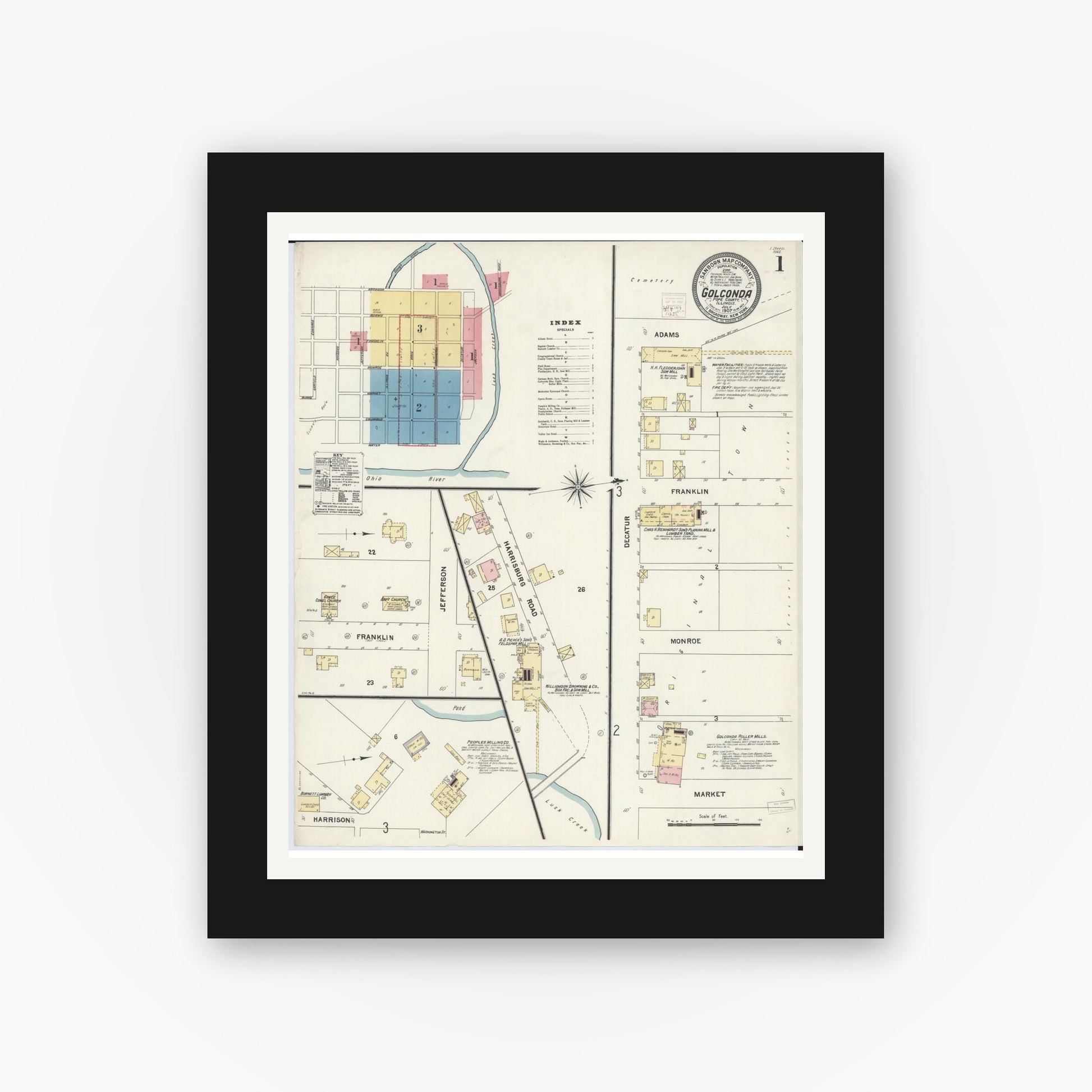 Old map wall art mockup — black gallery frame with white mat — Sanborn Fire Insurance Map from Golconda, Pope County, Illinois (1907), Sheet #0001