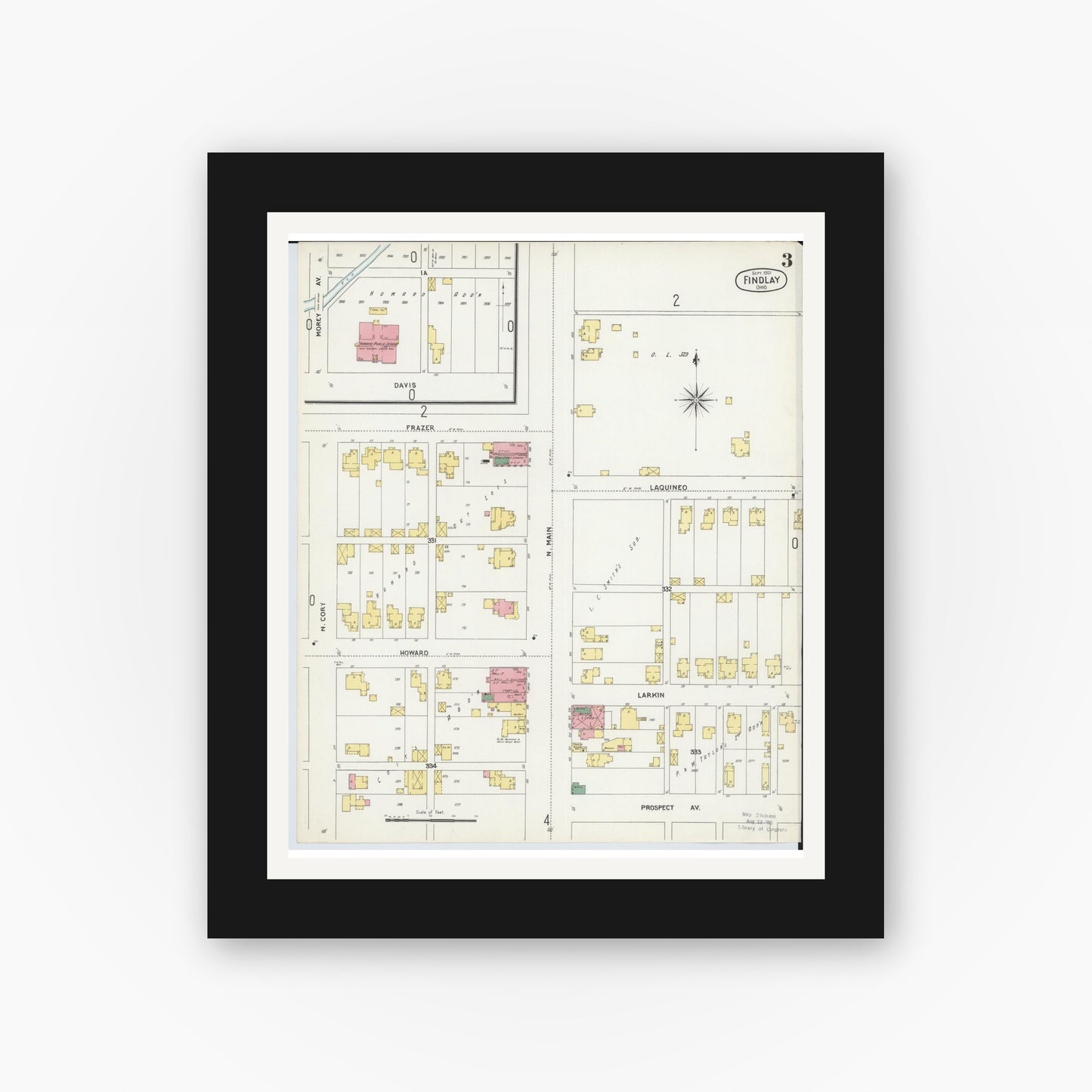 Old map wall art mockup — black gallery frame with white mat — Sanborn Fire Insurance Map from Findlay, Hancock County, Ohio (1901), Sheet #0003