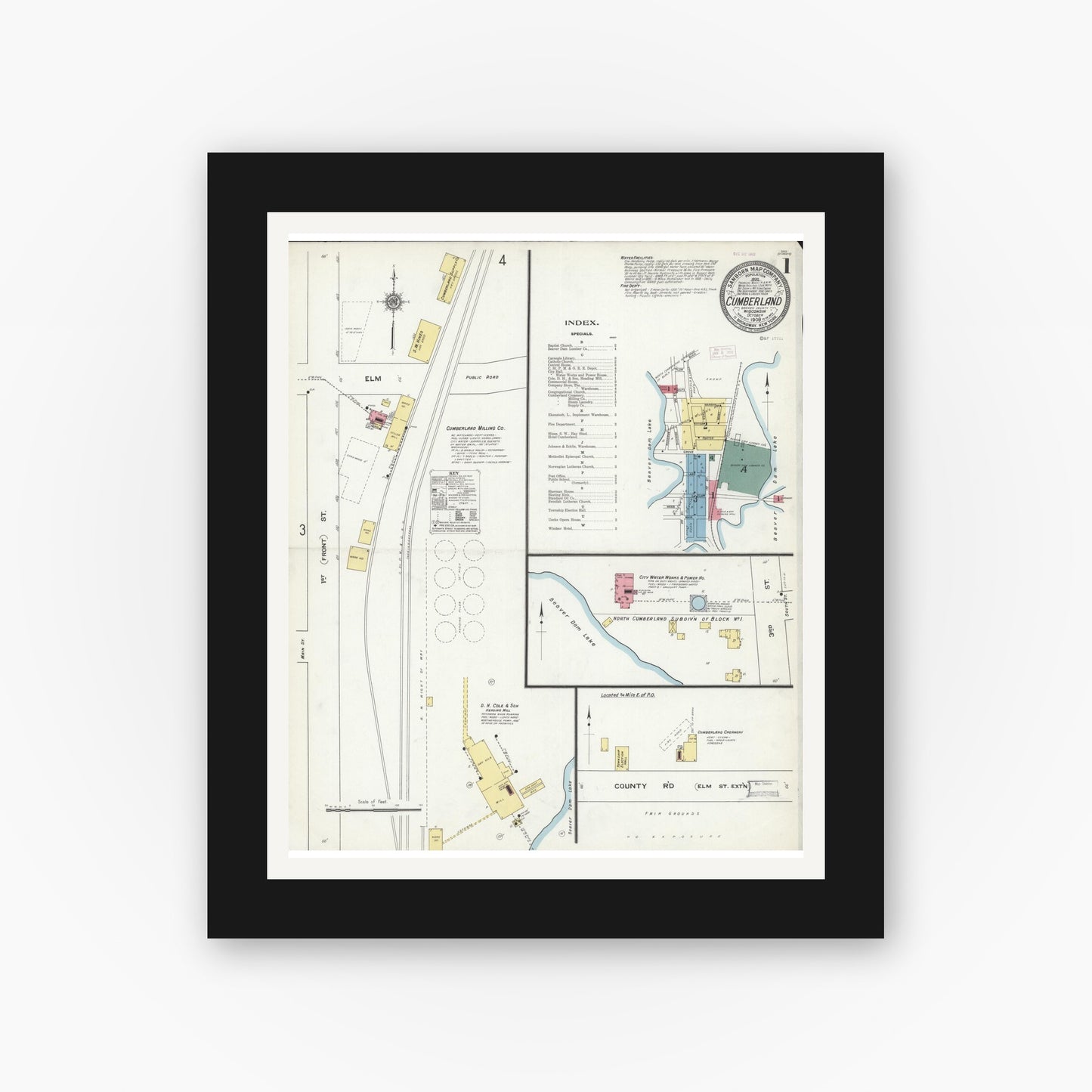 Old map wall art mockup — black gallery frame with white mat — Sanborn Fire Insurance Map from Cumberland, Barron County, Wisconsin (1909), Sheet #0001