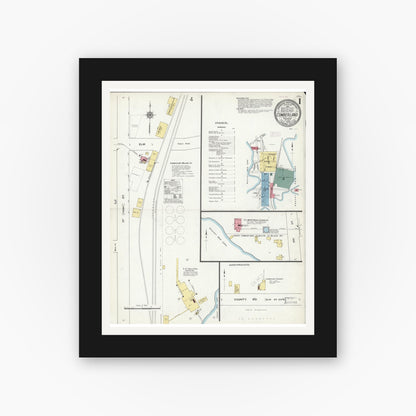 Old map wall art mockup — black gallery frame with white mat — Sanborn Fire Insurance Map from Cumberland, Barron County, Wisconsin (1909), Sheet #0001