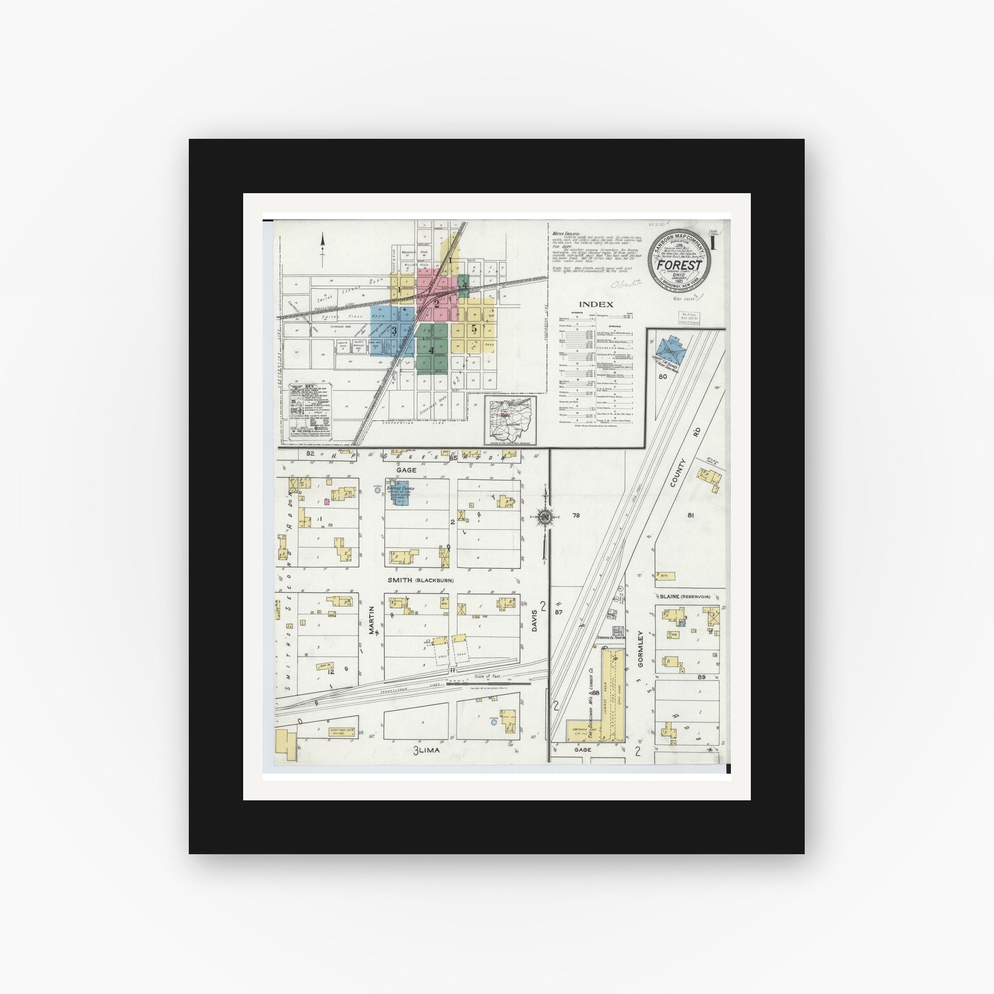 Old map wall art mockup — black gallery frame with white mat — Sanborn Fire Insurance Map from Forest, Hardin County, Ohio (1921) - Complete Map Set