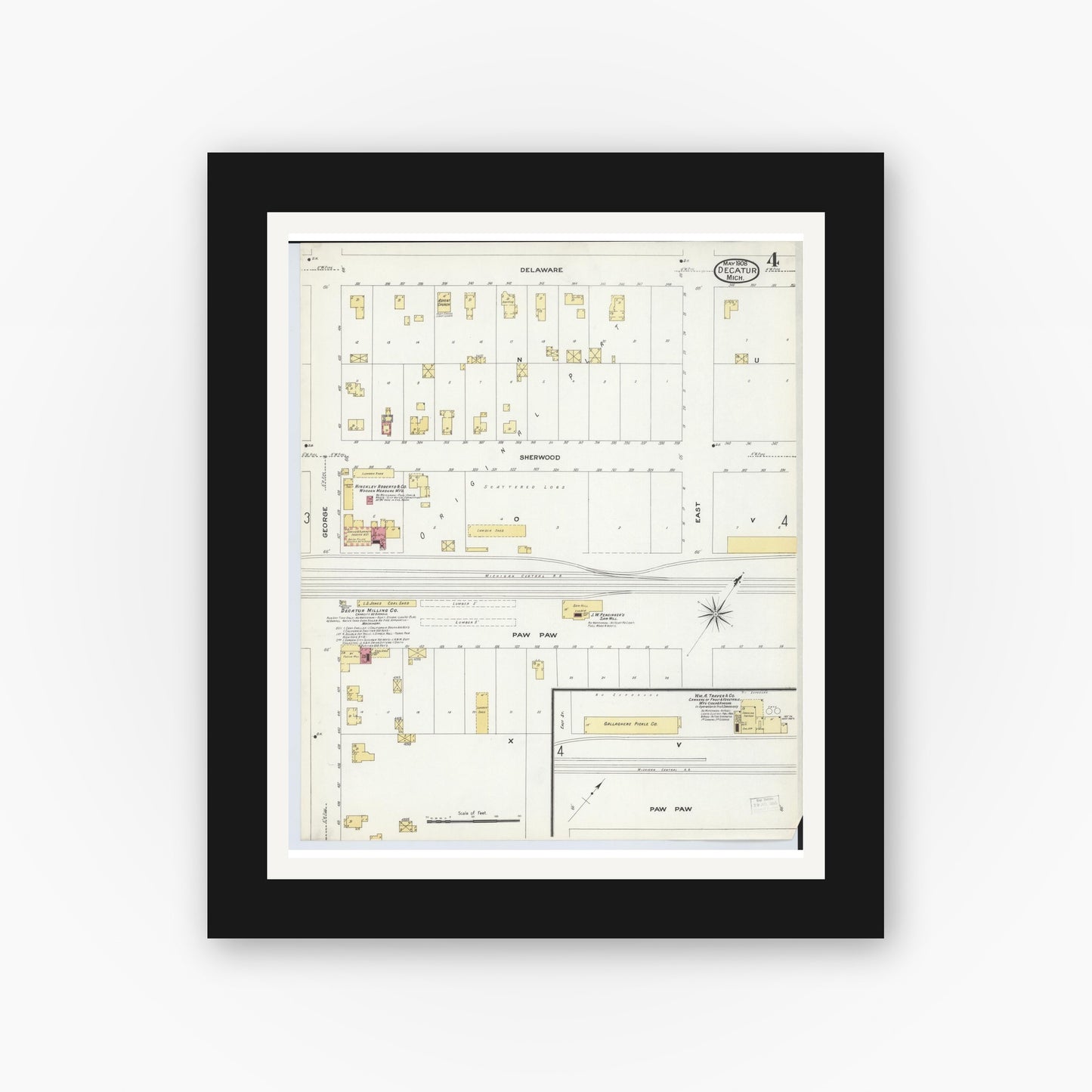 Old map wall art mockup — black gallery frame with white mat — Sanborn Fire Insurance Map from Decatur, Van Buren County, Michigan (1908), Sheet #0004