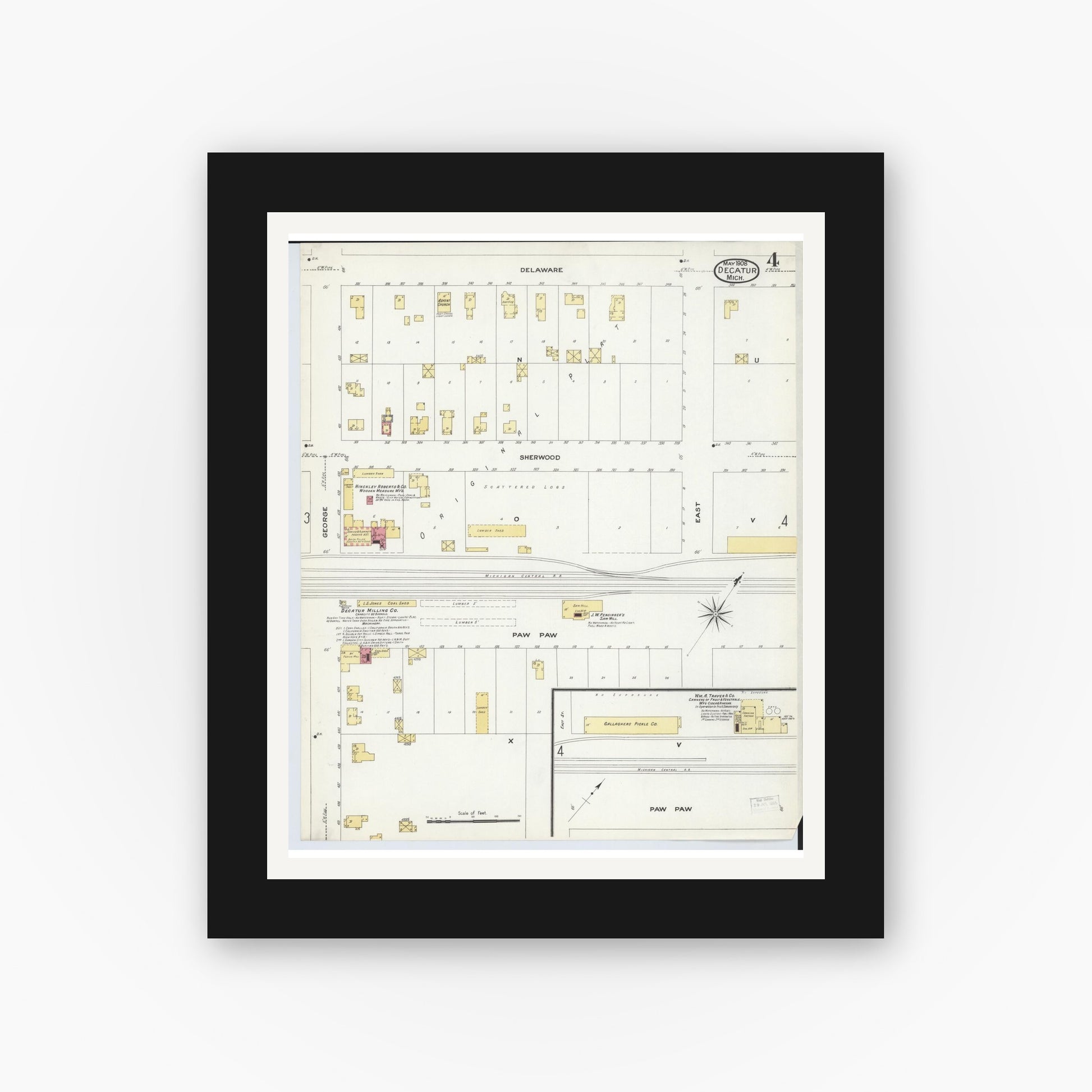 Old map wall art mockup — black gallery frame with white mat — Sanborn Fire Insurance Map from Decatur, Van Buren County, Michigan (1908), Sheet #0004