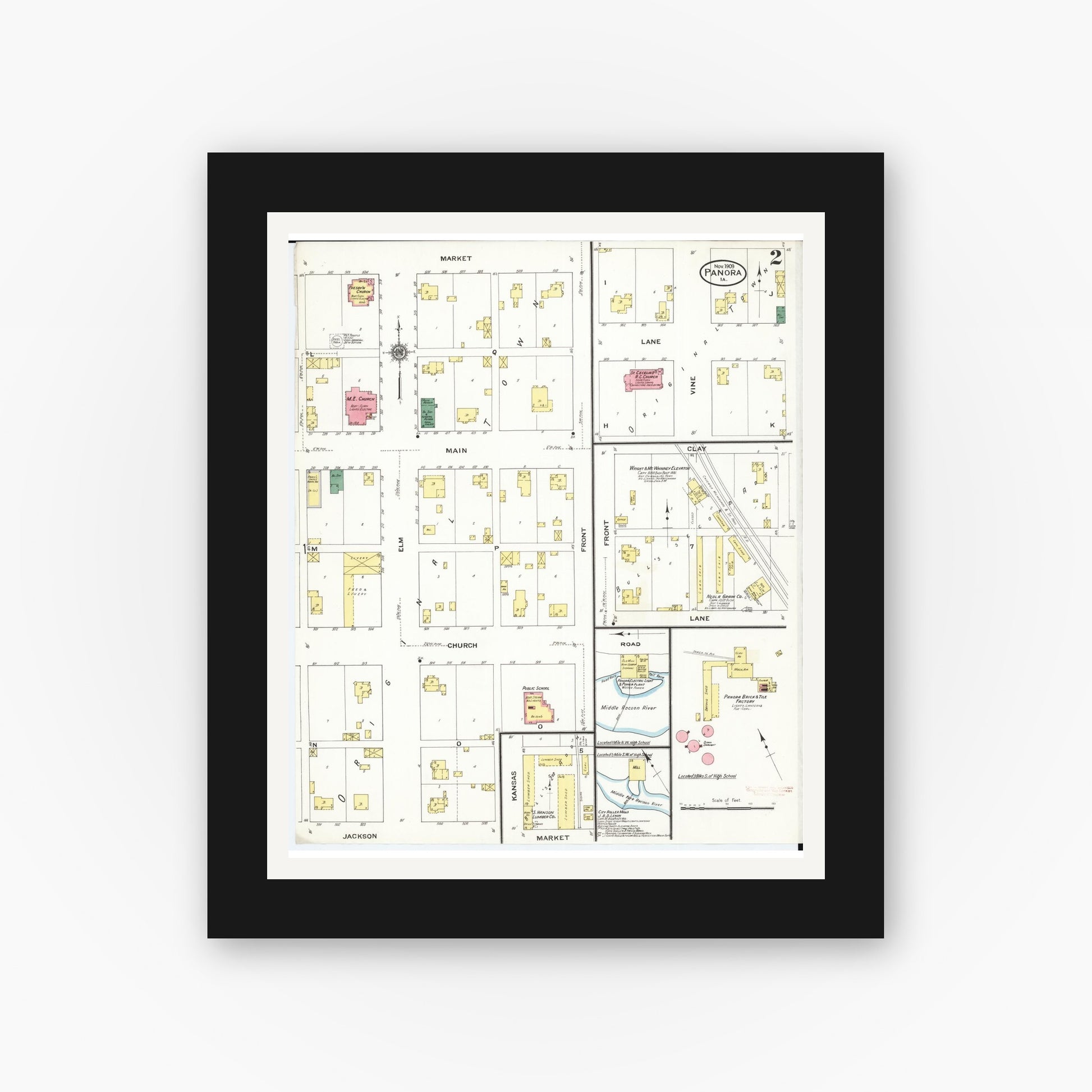 Old map wall art mockup — black gallery frame with white mat — Sanborn Fire Insurance Map from Panora, Guthrie County, Iowa (1909), Sheet #0002