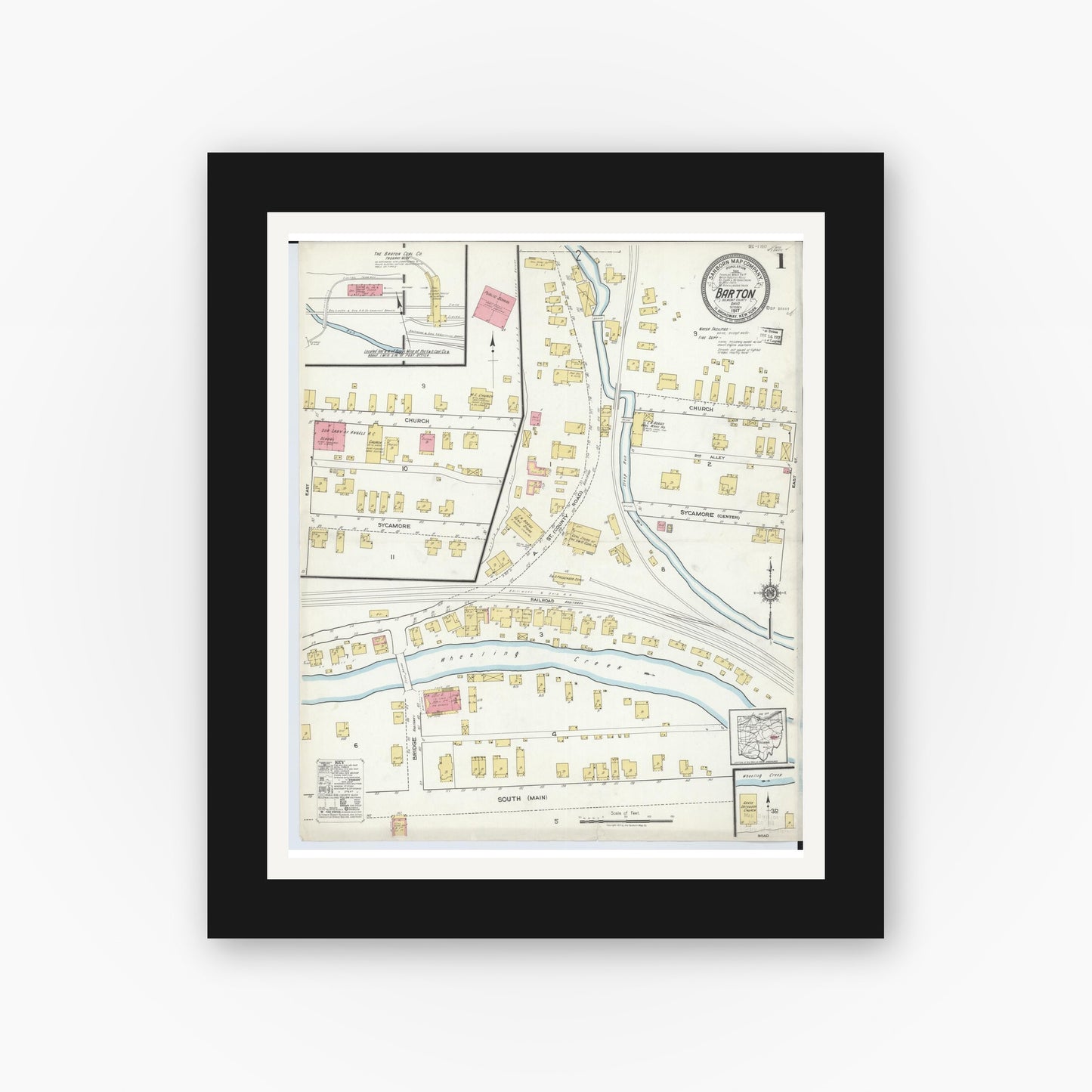 Old map wall art mockup — black gallery frame with white mat — Sanborn Fire Insurance Map from Barton, Belmont County, Ohio (1917), Sheet #0001