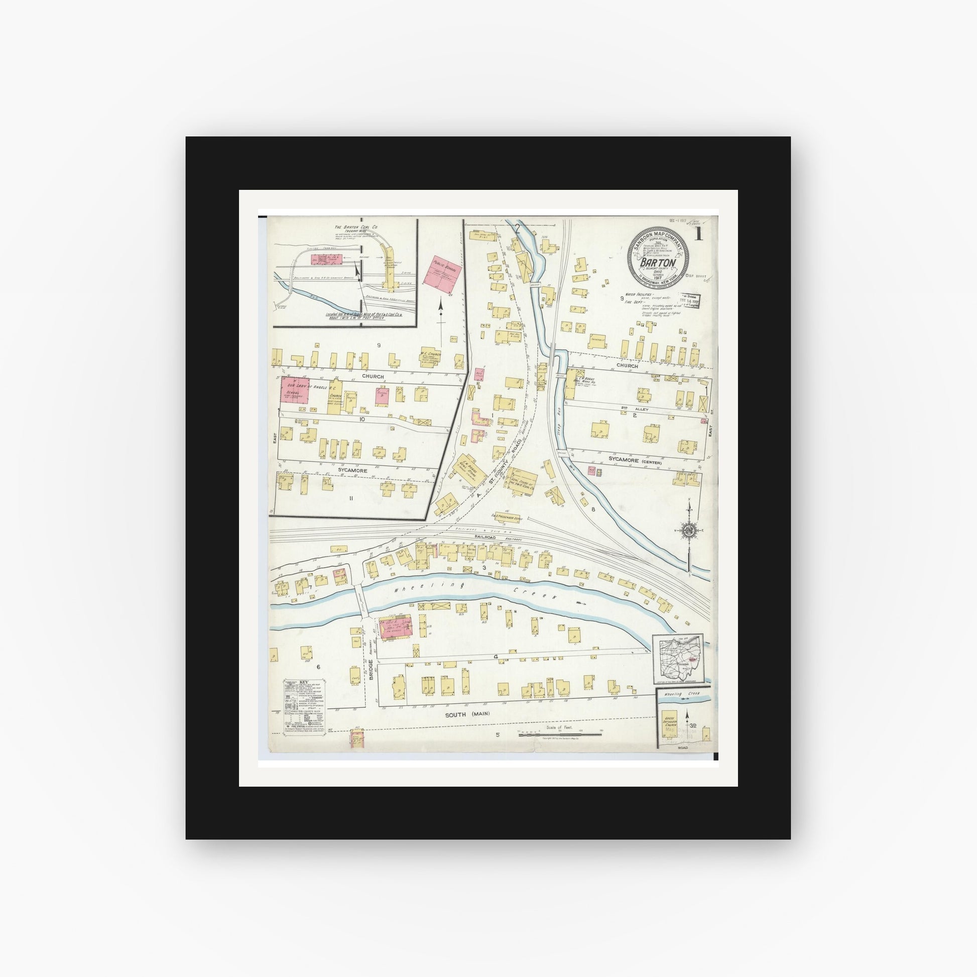 Old map wall art mockup — black gallery frame with white mat — Sanborn Fire Insurance Map from Barton, Belmont County, Ohio (1917), Sheet #0001
