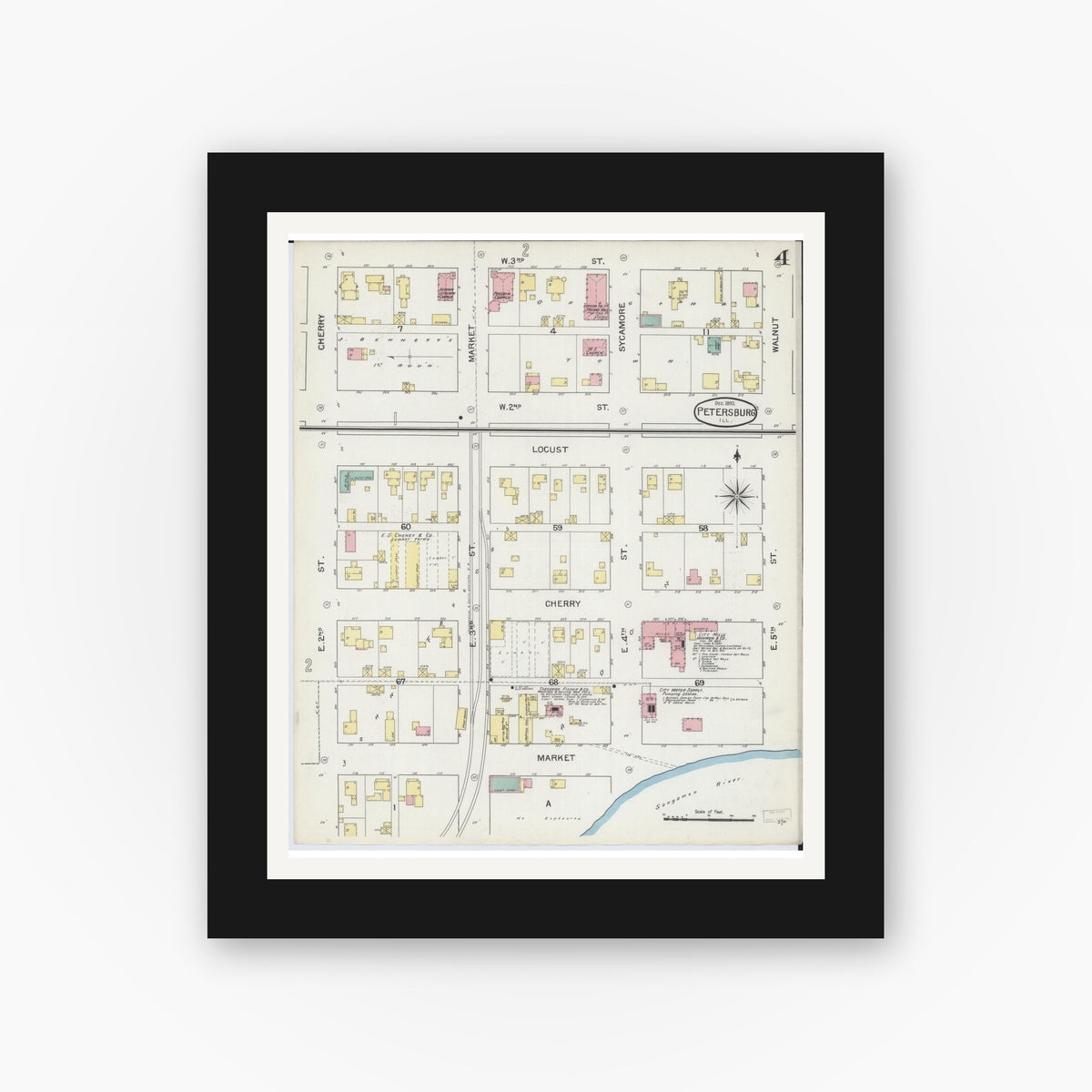 Old map wall art mockup — black gallery frame with white mat — Sanborn Fire Insurance Map from Petersburg, Menard County, Illinois (1892), Sheet #0004