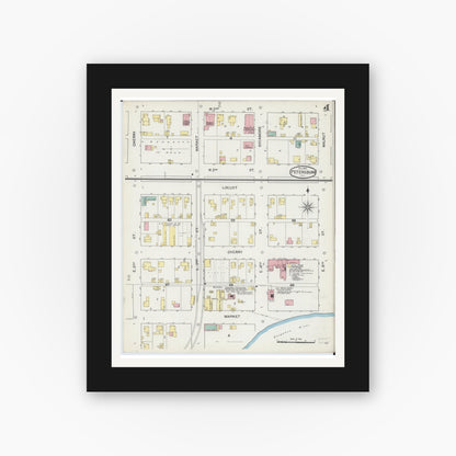 Old map wall art mockup — black gallery frame with white mat — Sanborn Fire Insurance Map from Petersburg, Menard County, Illinois (1892), Sheet #0004