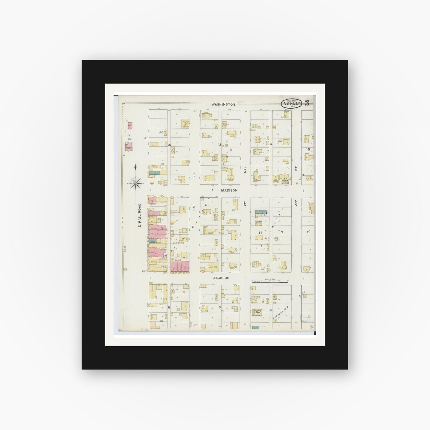 Old map wall art mockup — black gallery frame with white mat — Sanborn Fire Insurance Map from Ashley, Washington County, Illinois (1894), Sheet #0003