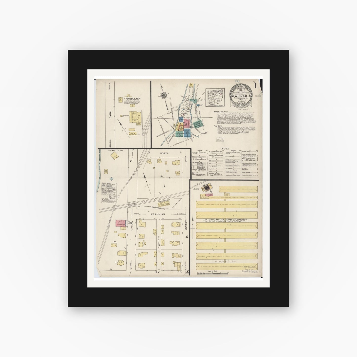 Old map wall art mockup — black gallery frame with white mat — Sanborn Fire Insurance Map from Newton Falls, Trumbull County, Ohio (1922), Sheet #0001