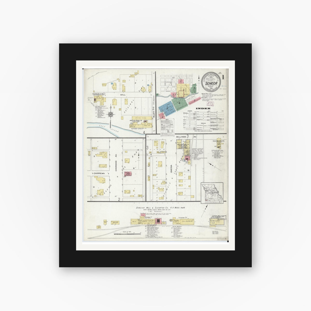 Old map wall art mockup — black gallery frame with white mat — Sanborn Fire Insurance Map from Seneca, Newton County, Missouri (1914) - Complete Map Set