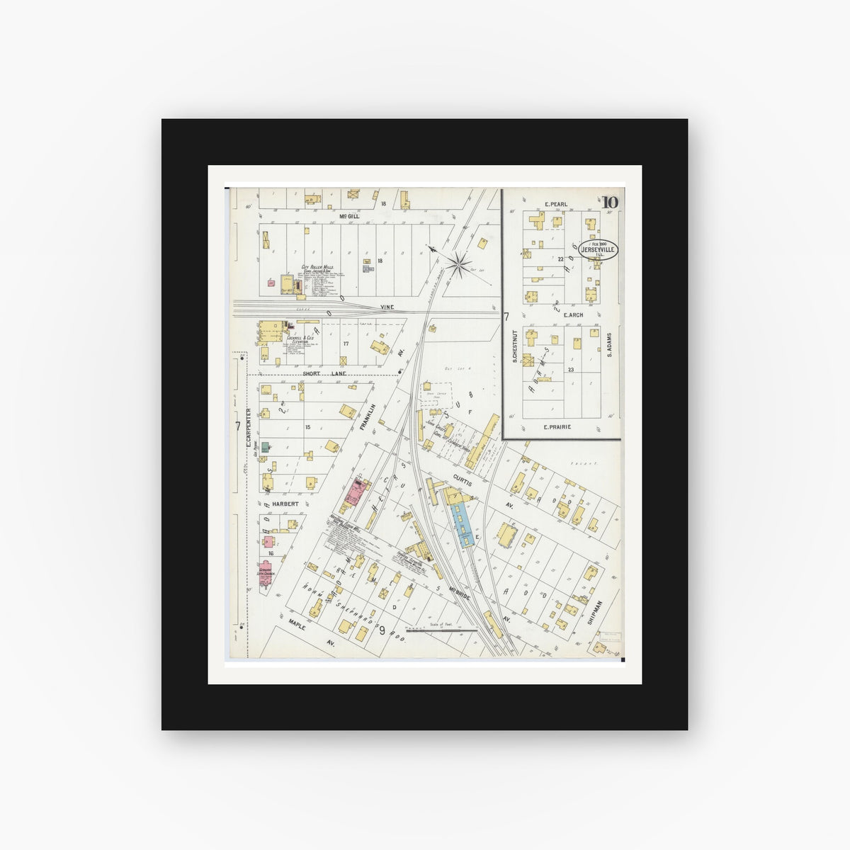Old map wall art mockup — black gallery frame with white mat — Sanborn Fire Insurance Map from Jerseyville, Jersey County, Illinois (1900), Sheet #0010