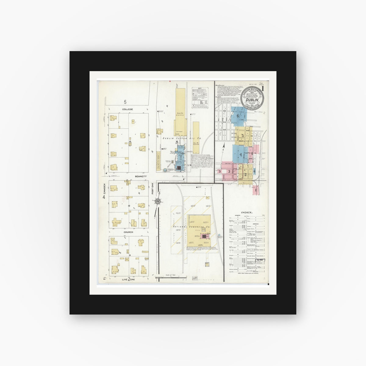 Old map wall art mockup — black gallery frame with white mat — Sanborn Fire Insurance Map from Dublin, Erath County, Texas (1912), Sheet #0001