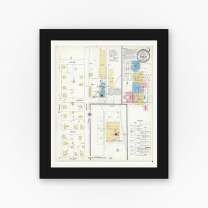 Old map wall art mockup — black gallery frame with white mat — Sanborn Fire Insurance Map from Dublin, Erath County, Texas (1912), Sheet #0001
