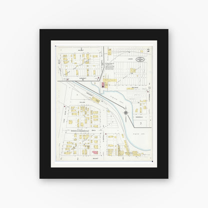 Old map wall art mockup — black gallery frame with white mat — Sanborn Fire Insurance Map from Virginia, Saint Louis County, Minnesota (1910), Sheet #0002